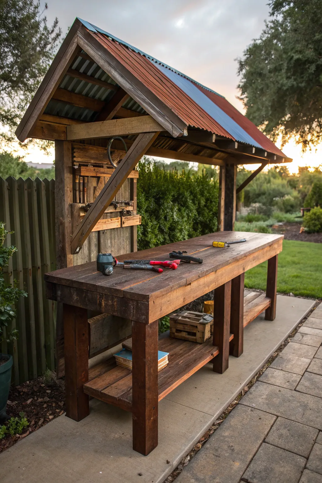Elevate your DIY projects with a rustic touch: an outdoor workbench under a reclaimed tin roof.