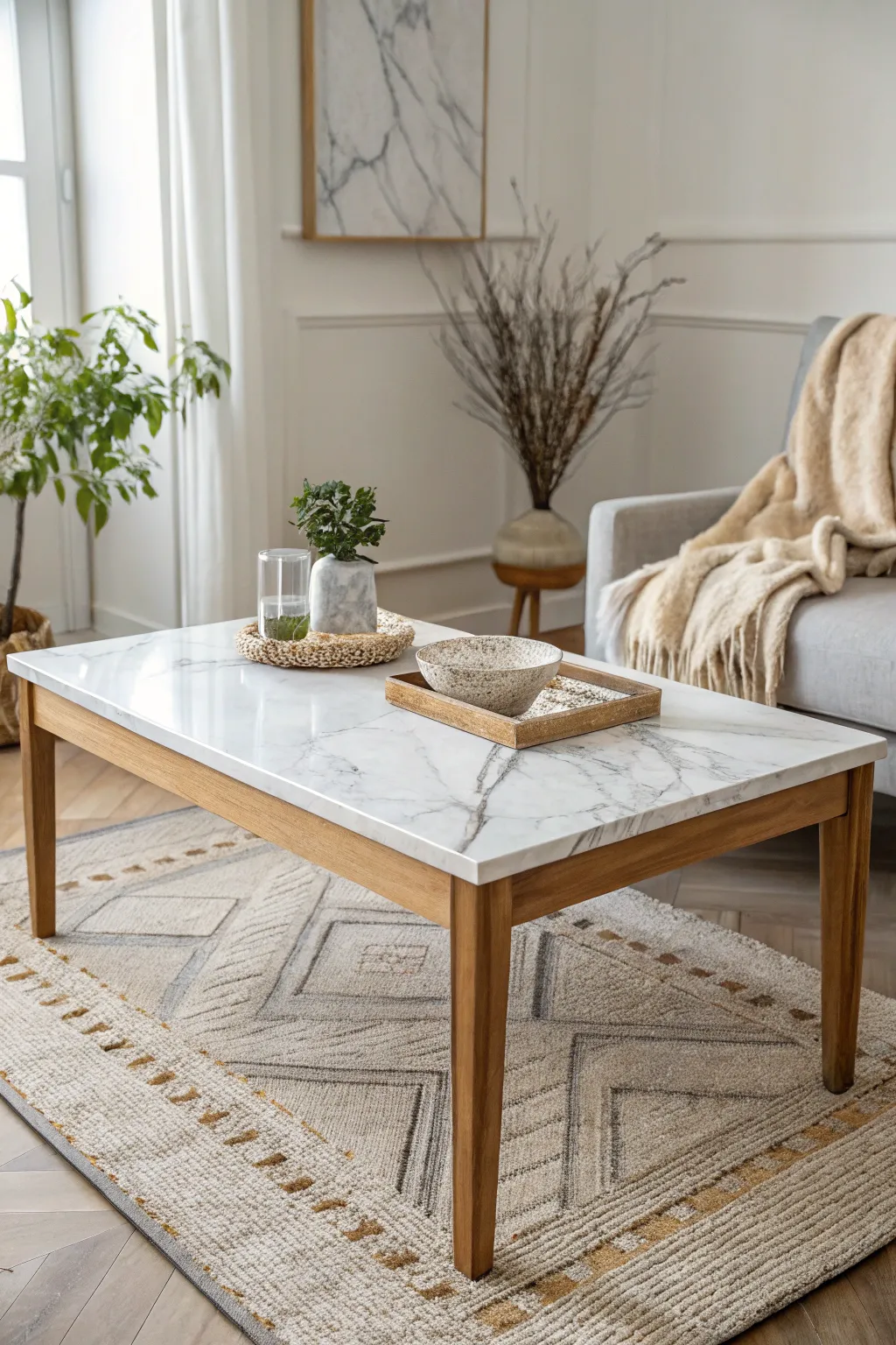 Transform your coffee table with a stunning faux marble finish that brings designer elegance to your living space.