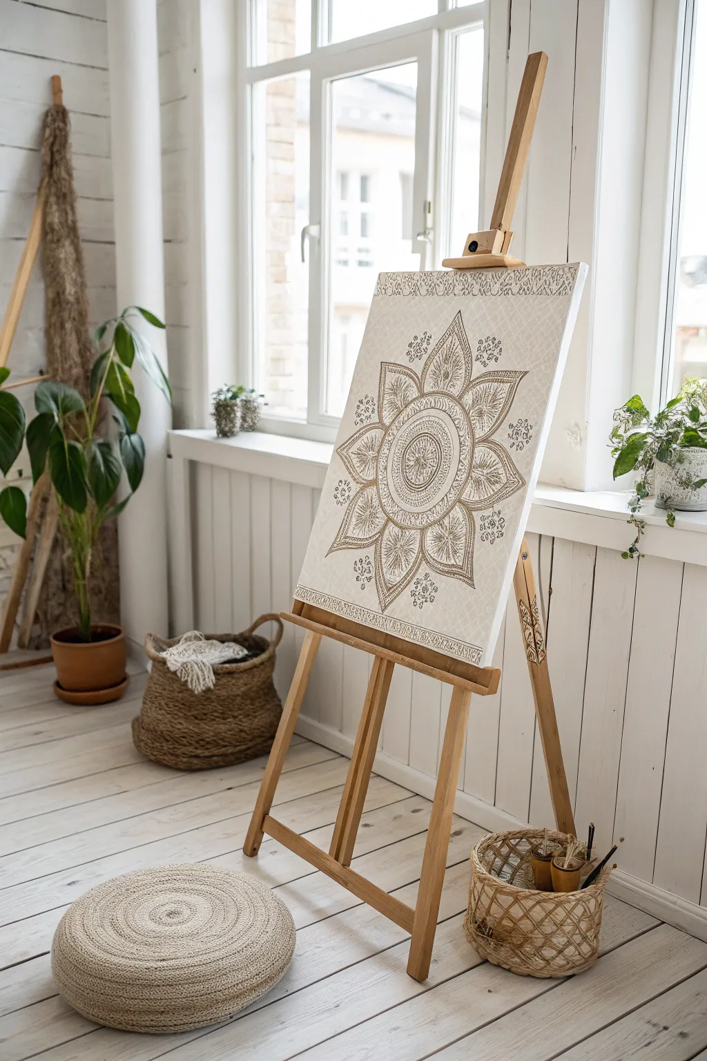 Discover the beauty of cultural patterns with paint pen precision on canvas.