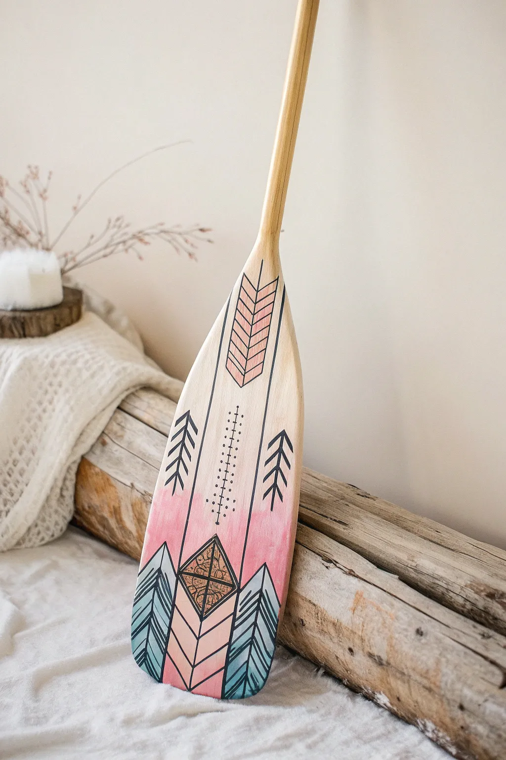 Discover the art of fusion with this beautifully painted canoe paddle, where watercolor meets graphic lines in a minimalist masterpiece.