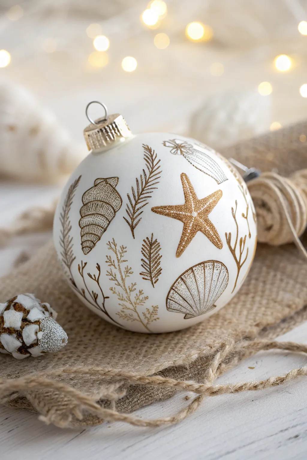 Bring a touch of the ocean to your holiday decor with this beautifully crafted seashell and starfish Christmas ball.