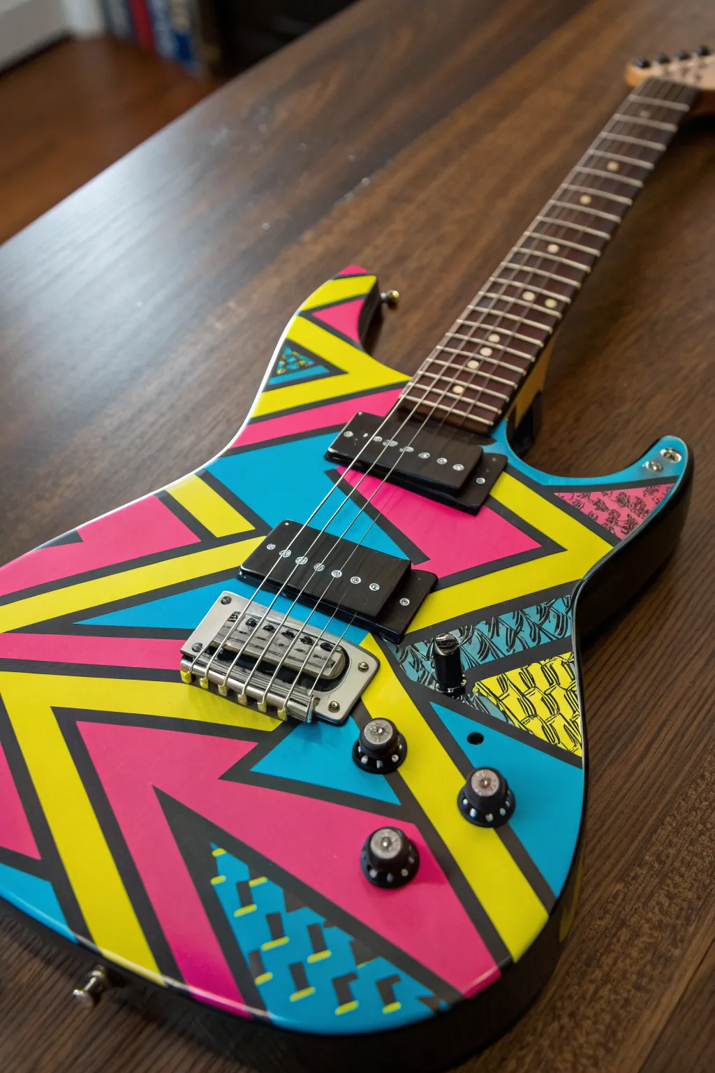 Revive the 80s with this bold, neon-painted guitar masterpiece.