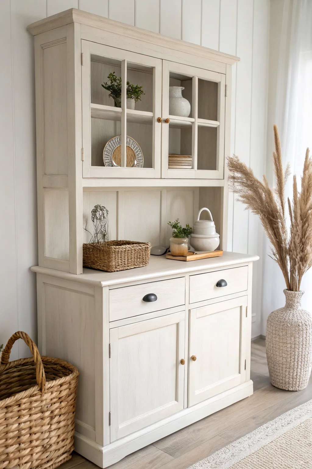 Transform your space with minimalist elegance: a painted hutch that embodies Scandinavian simplicity and boho charm.