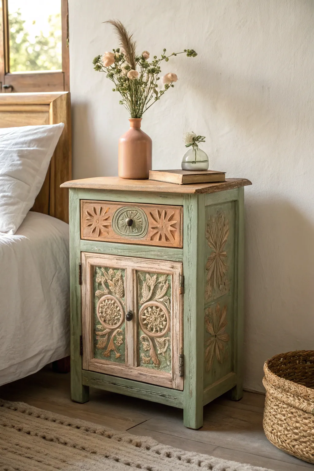 Embrace serenity with a nightstand that brings the soothing hues of nature indoors.