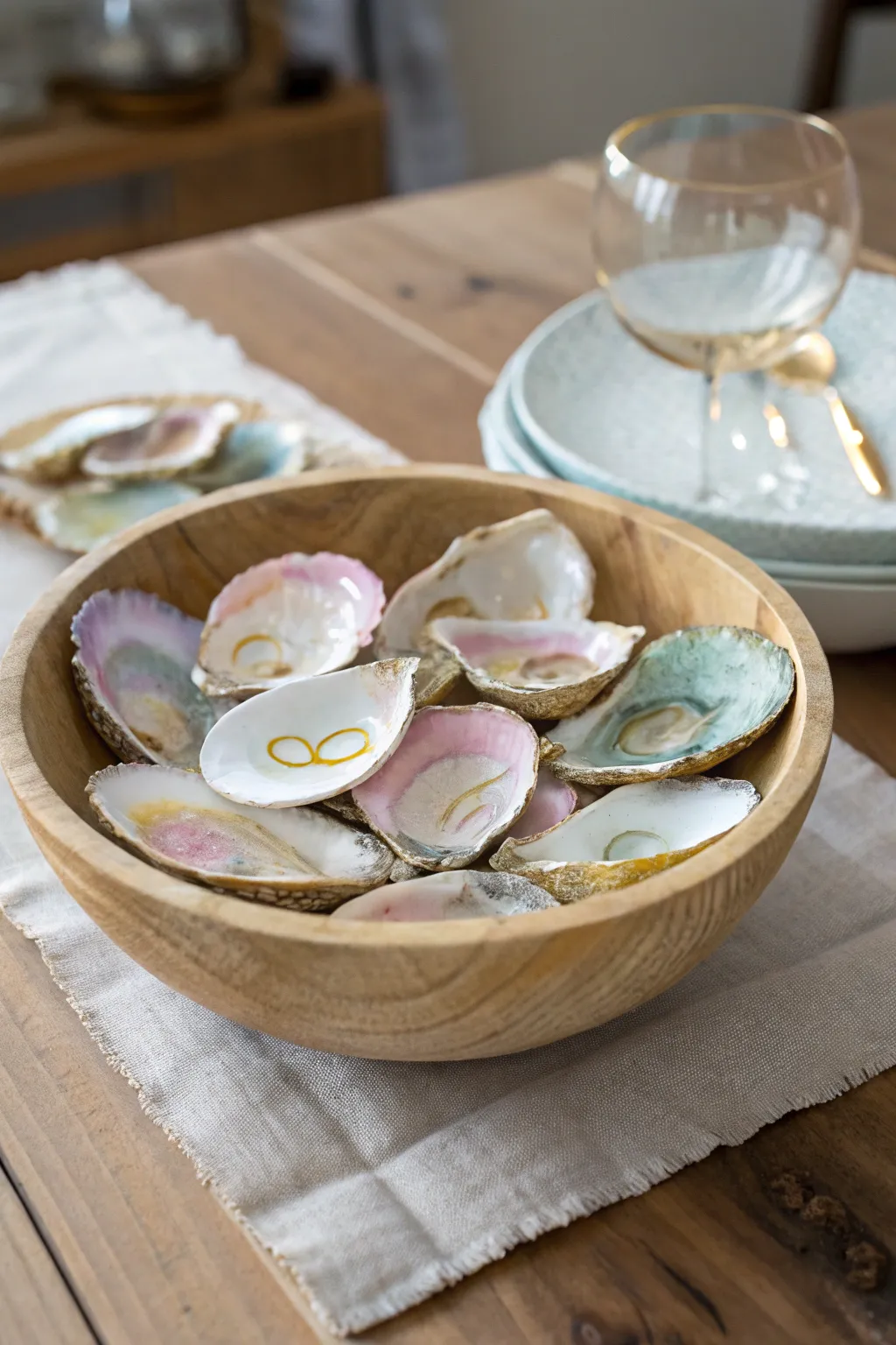 Elevate your dining experience with a coastal-inspired centerpiece: painted oyster shells in a minimalist bowl.