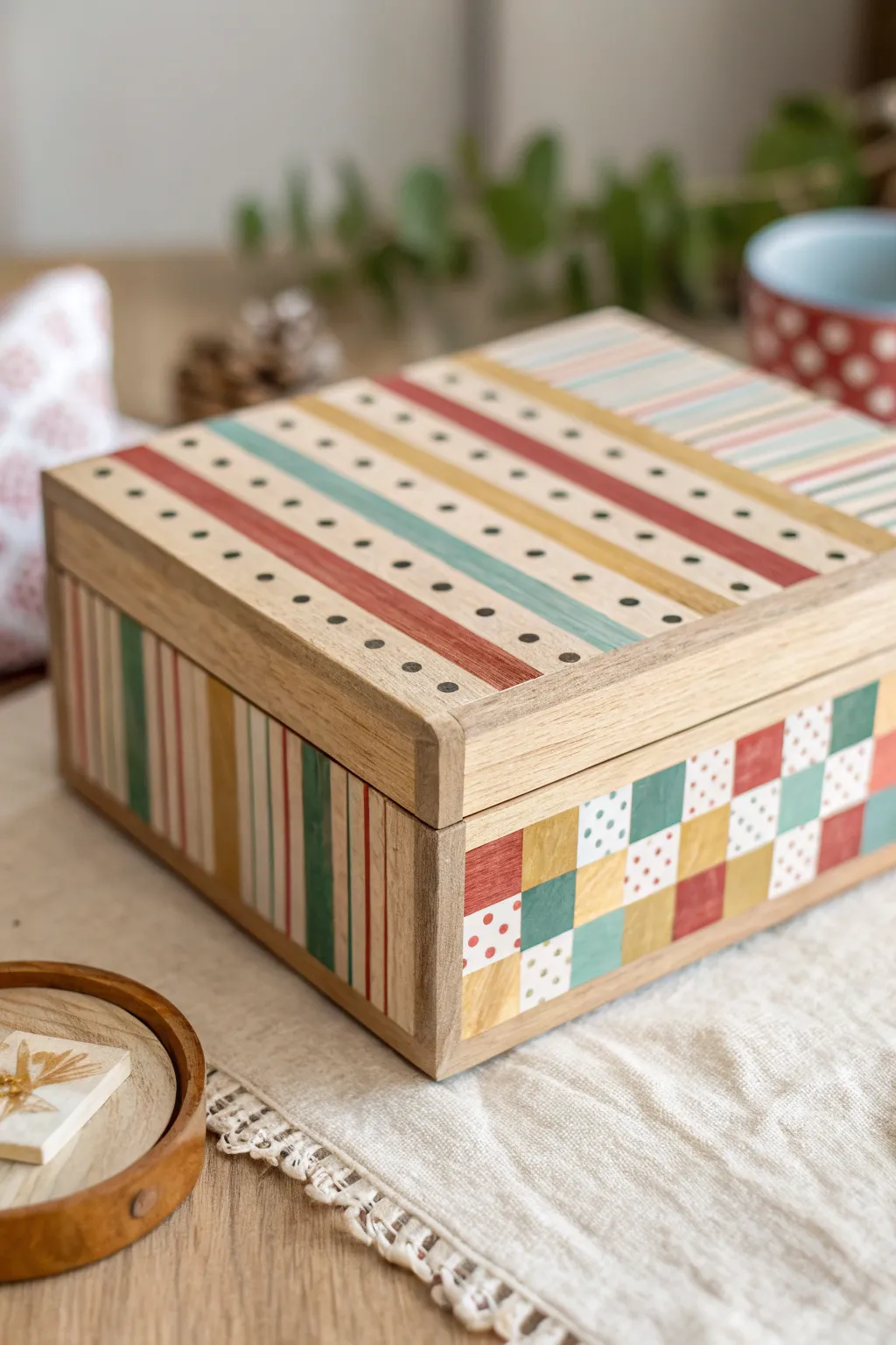 Unleash your creativity with playful patterns on a handcrafted wooden box.