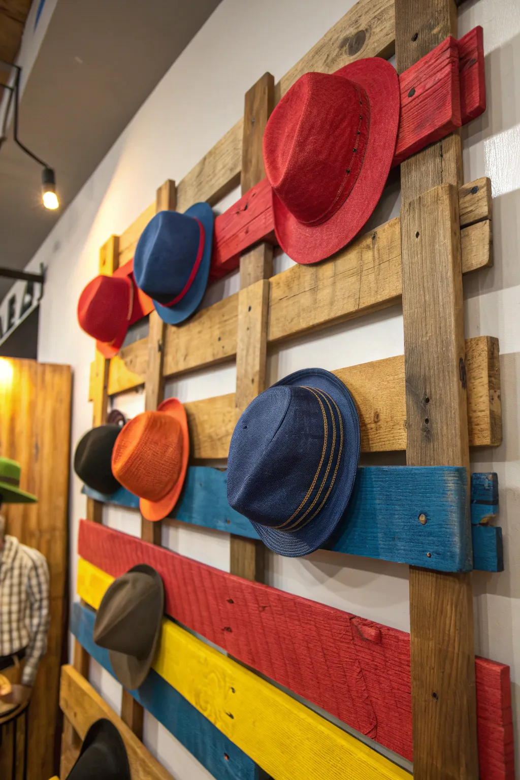 Transform your space with a bold and colorful pallet hat rack that blends craftsmanship with modern flair.