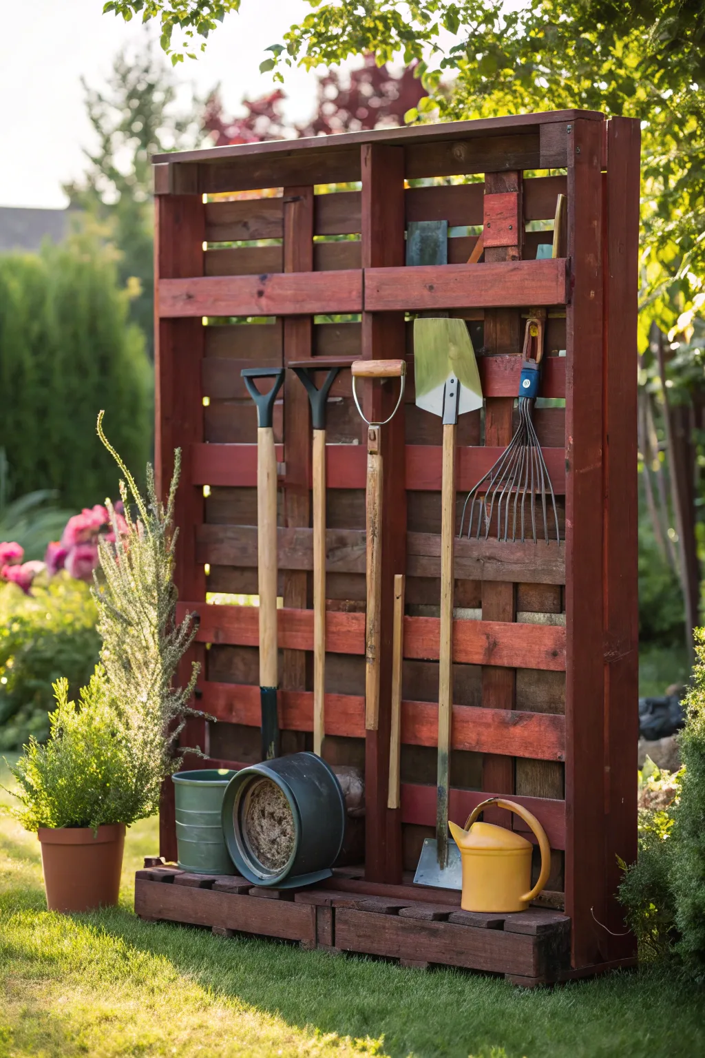 Transform chaos into harmony with a handcrafted pallet tool storage—where style meets function in your garden sanctuary.