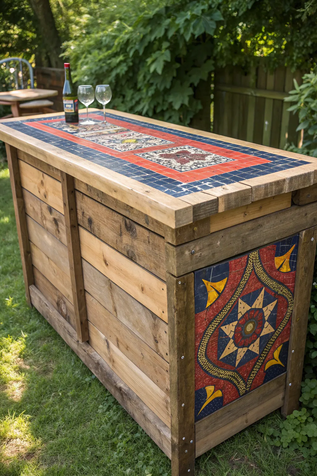 Elevate your outdoor space with a stunning pallet bar featuring a vibrant mosaic inlay.