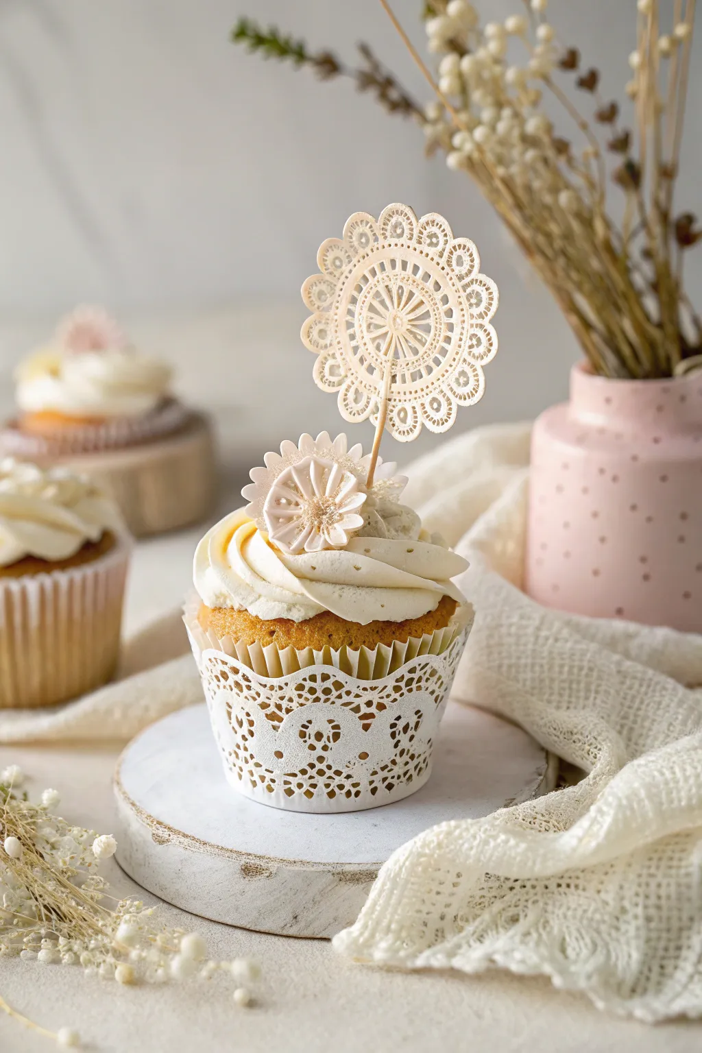 Elevate your cupcakes with these charming doily-laced toppers, perfect for adding a touch of elegance and handcrafted beauty.