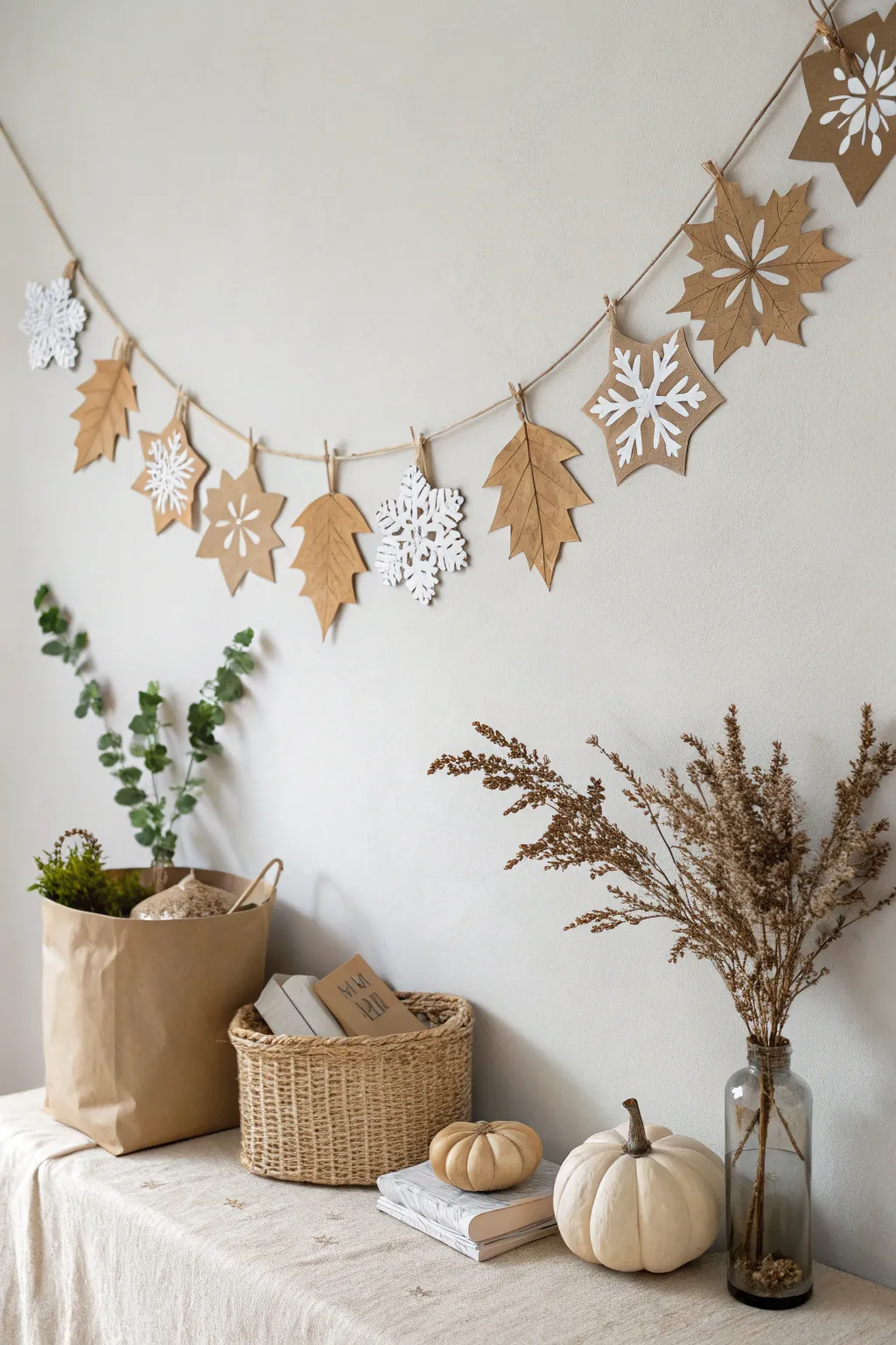 Transform your space with a seasonal paper bag garland, celebrating nature's beauty year-round.