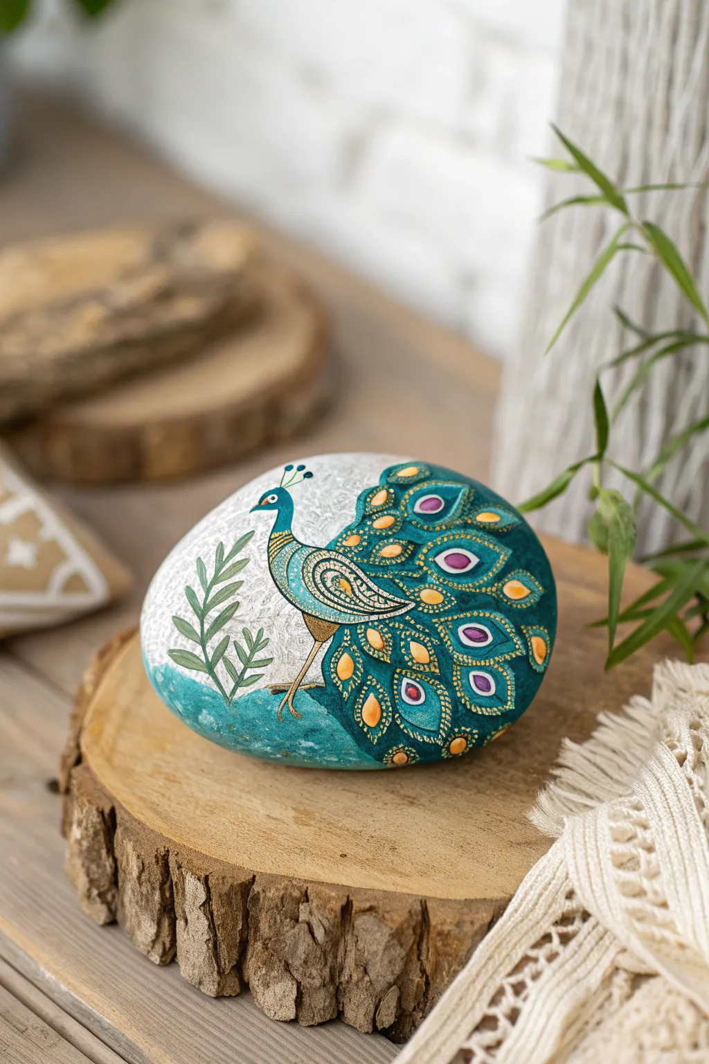 Discover the charm of nature's elegance with a hand-painted peacock rock, the perfect minimalist garden treasure.