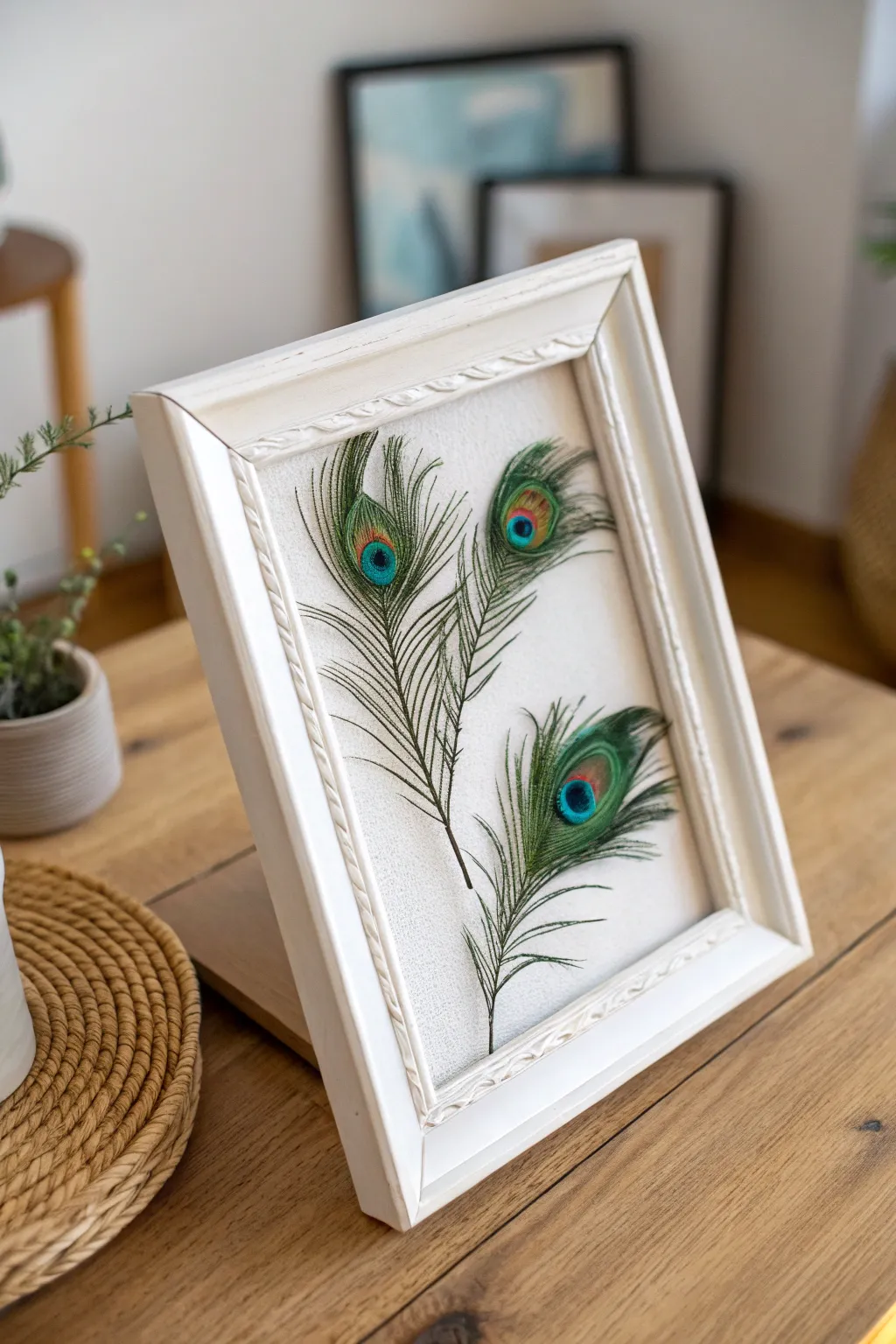 Transform memories into art with a peacock feather photo frame that captures beauty and simplicity.