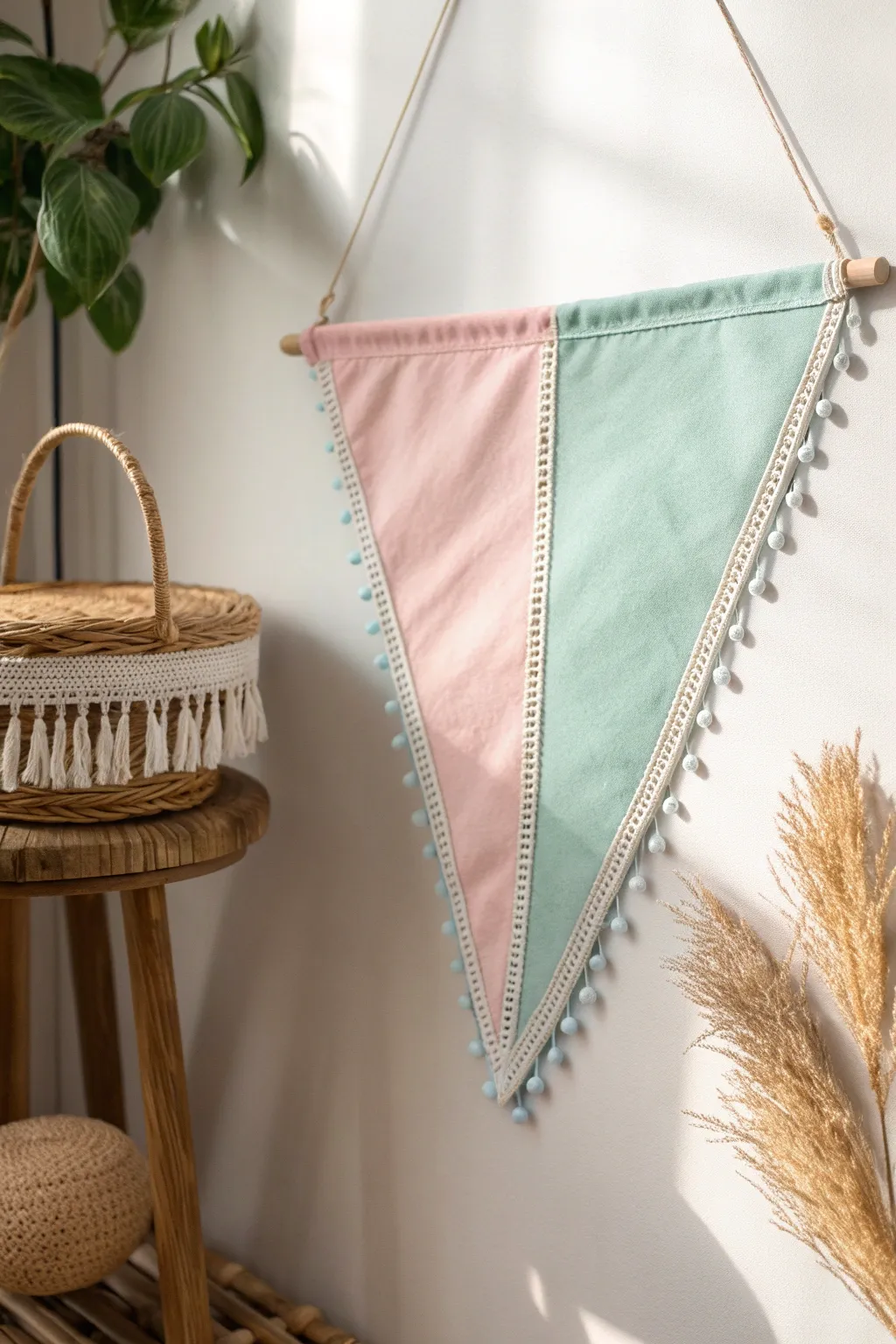 Embrace tranquility with dreamy pastel pennants, perfect for a serene bedroom ambiance.