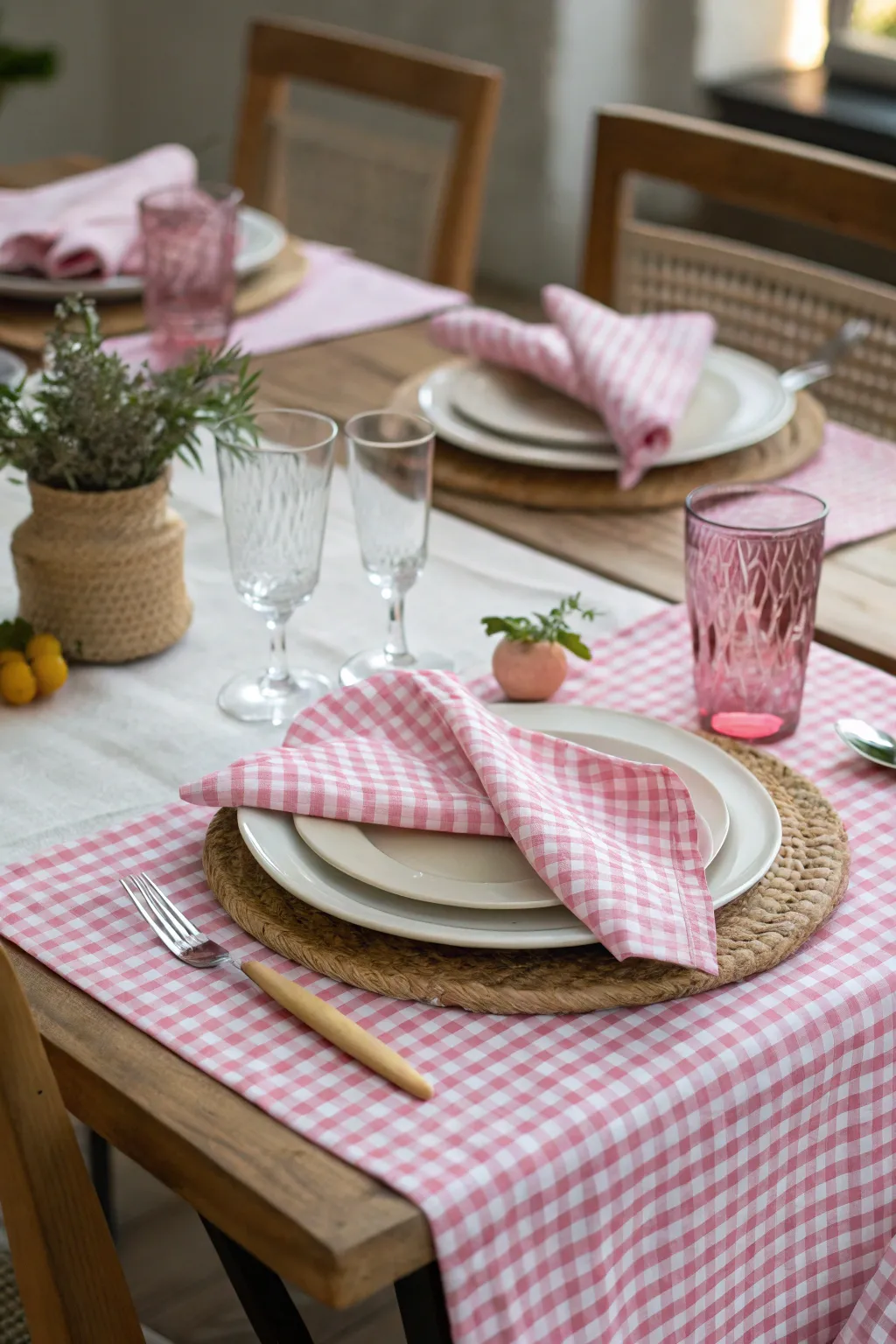 Casual charm with pink gingham accents.