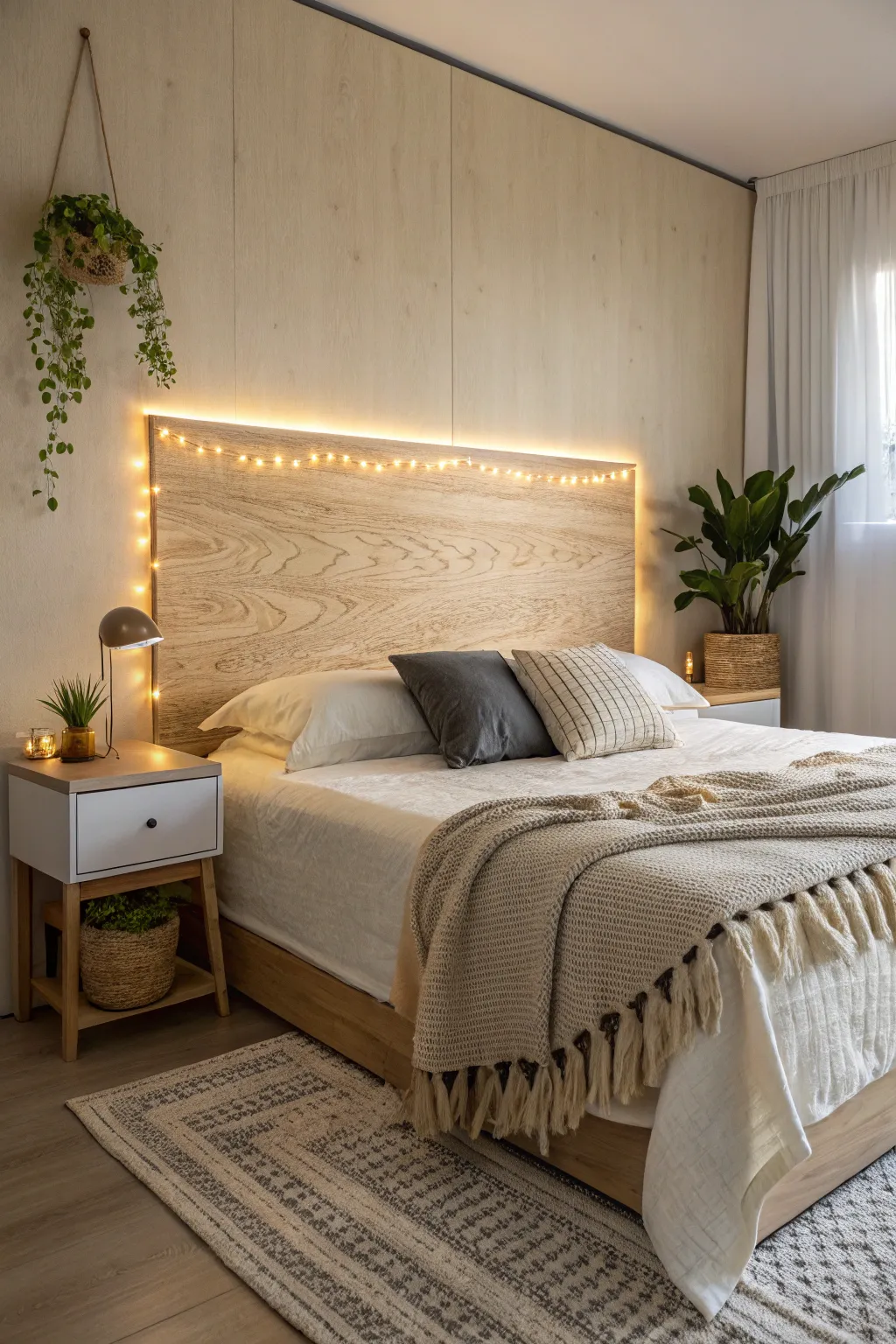 Illuminate your space with the natural elegance of a backlit plywood headboard, where simplicity meets sophistication.