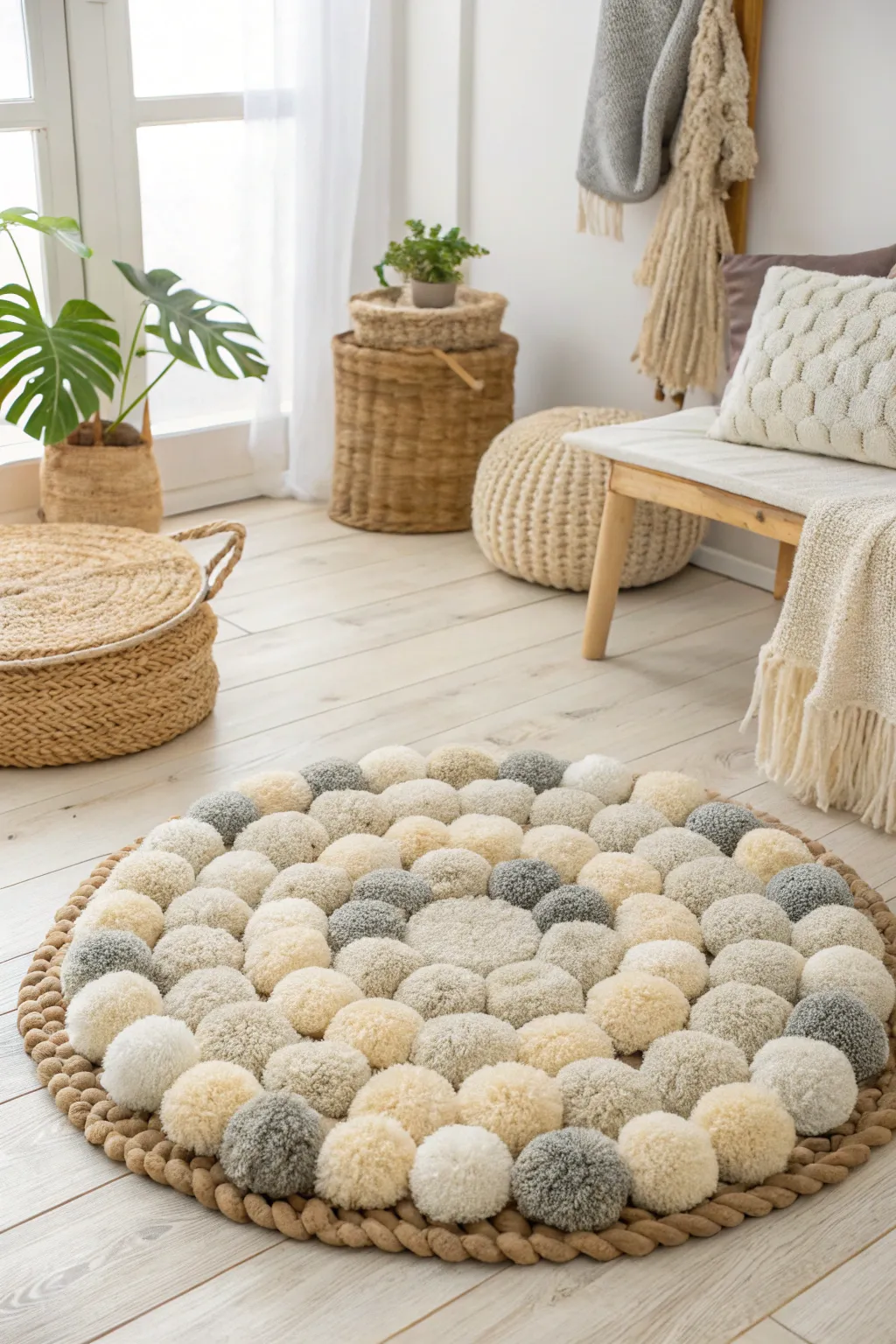 Transform your space with a statement pom pom rug that embodies simplicity and natural beauty.