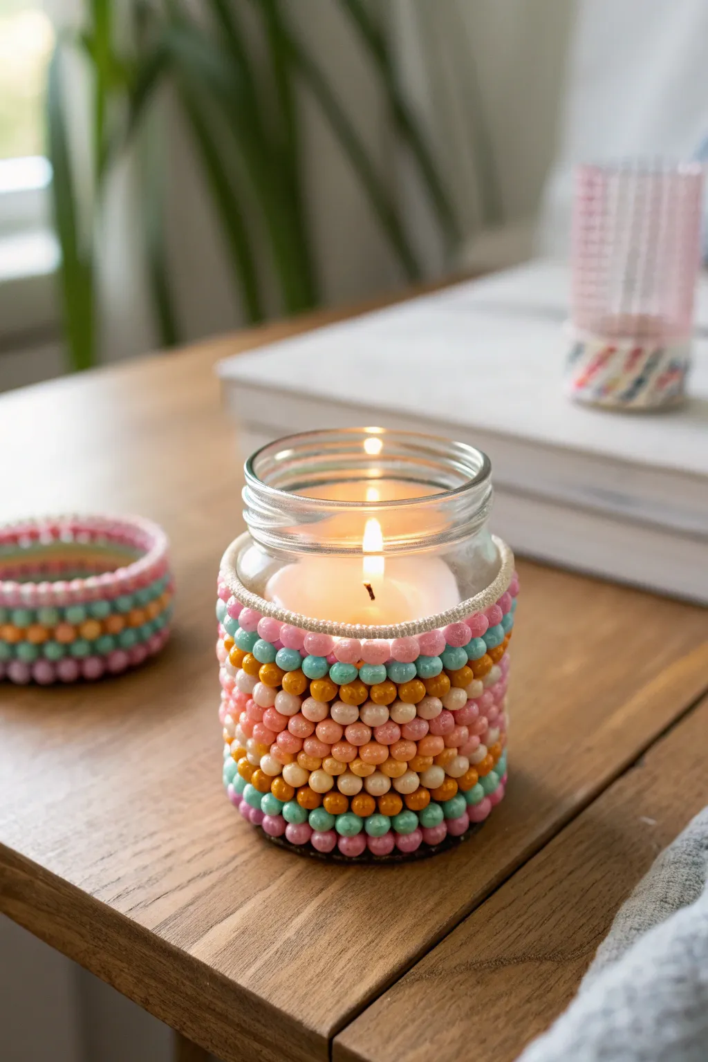 Illuminate your space with handcrafted charm: a beaded candle holder that combines vibrant pony beads with minimalist elegance.