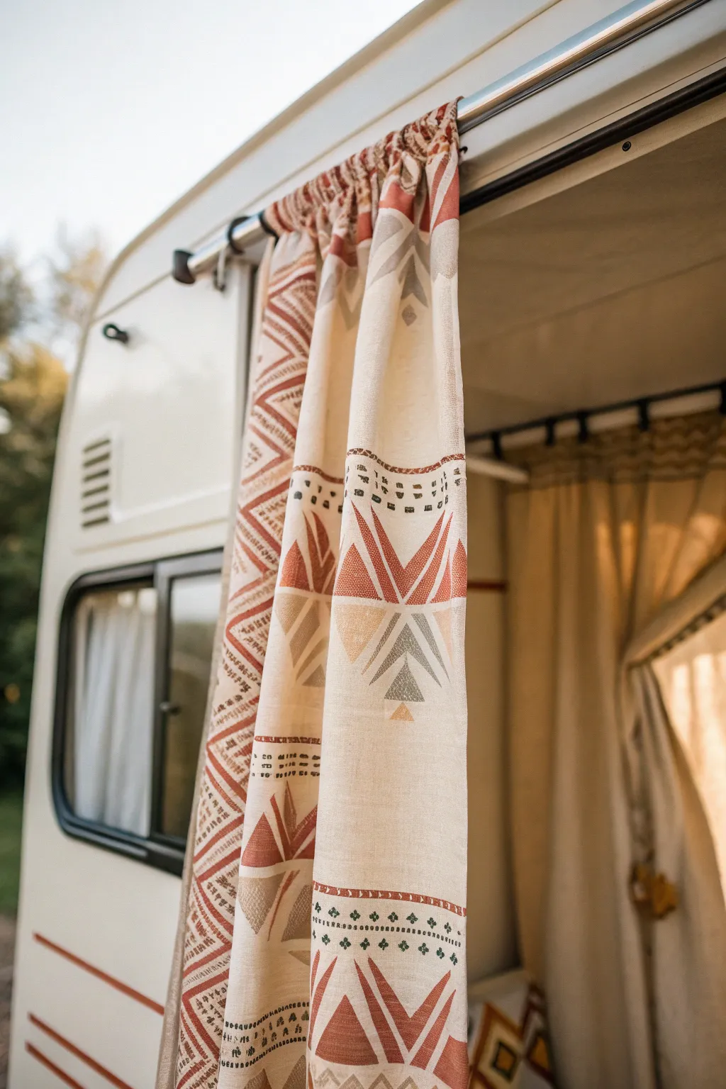 Transform your camper with stunning geometric curtains that captivate and inspire.