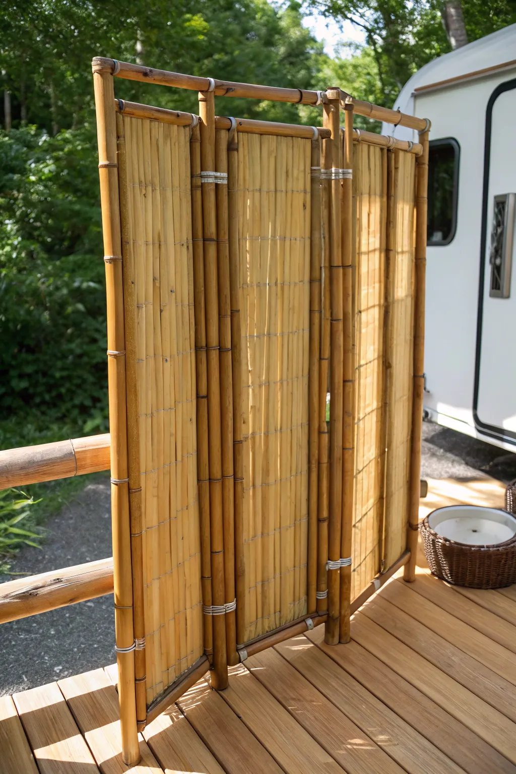Transform your RV space with a handcrafted bamboo privacy screen for a serene sanctuary.