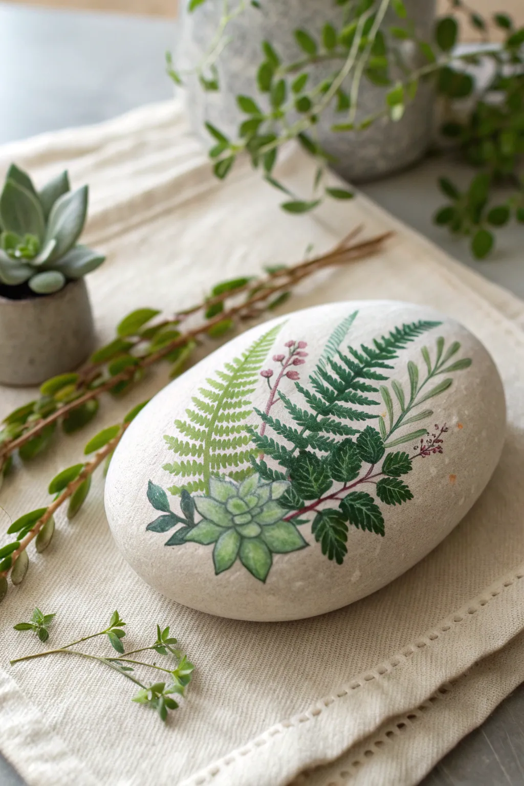 Bring a touch of nature indoors with hand-painted botanical rock art—minimalist beauty at its finest.