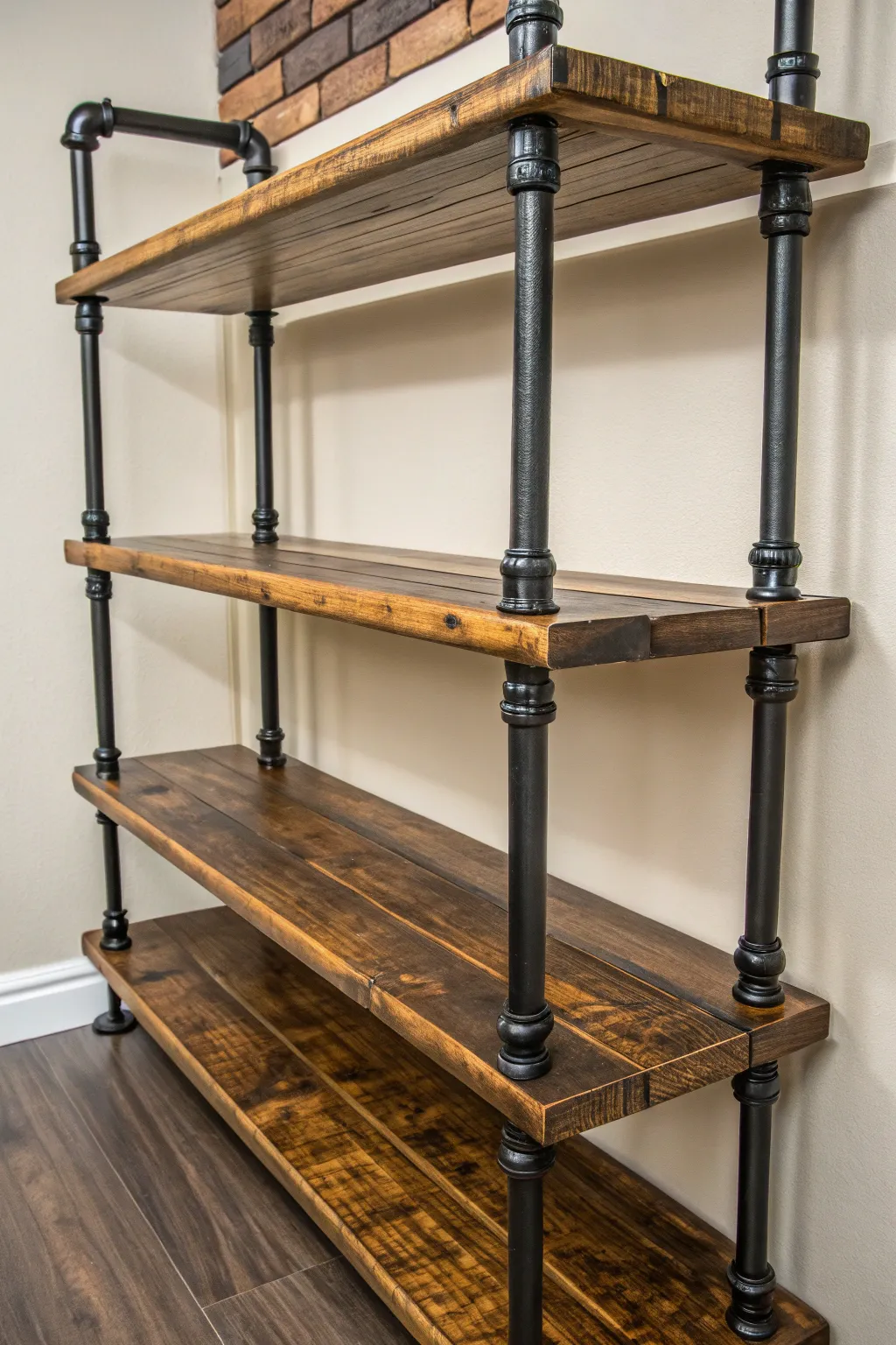 Elevate your storage with industrial elegance: Pipe and wood shelving that blends rugged charm with practical design.