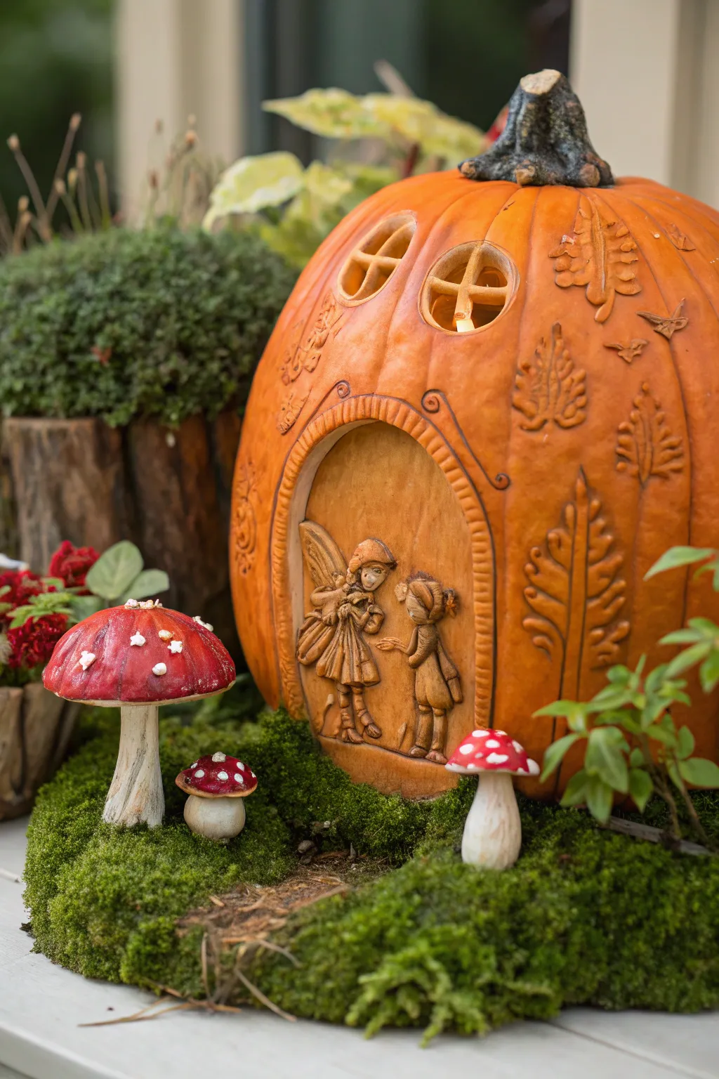 Step into a magical world with this masterfully carved pumpkin garden. Perfect for those who admire craftsmanship and creativity!