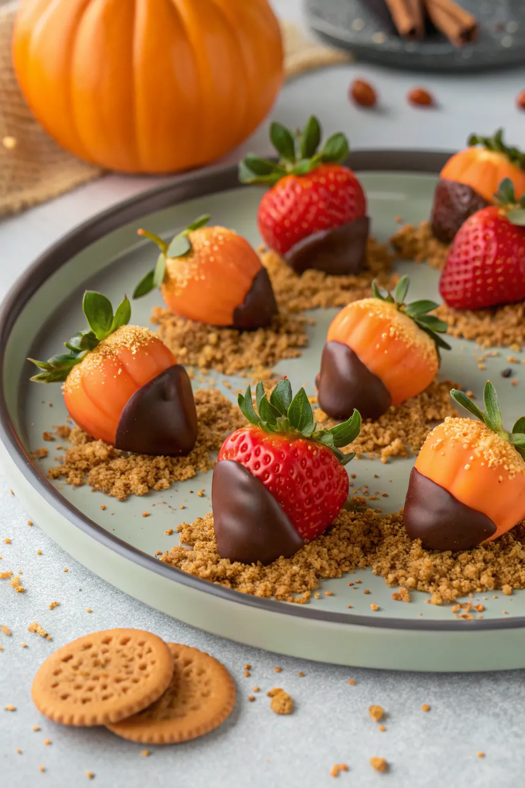 A whimsical chocolate-covered strawberry pumpkin patch.