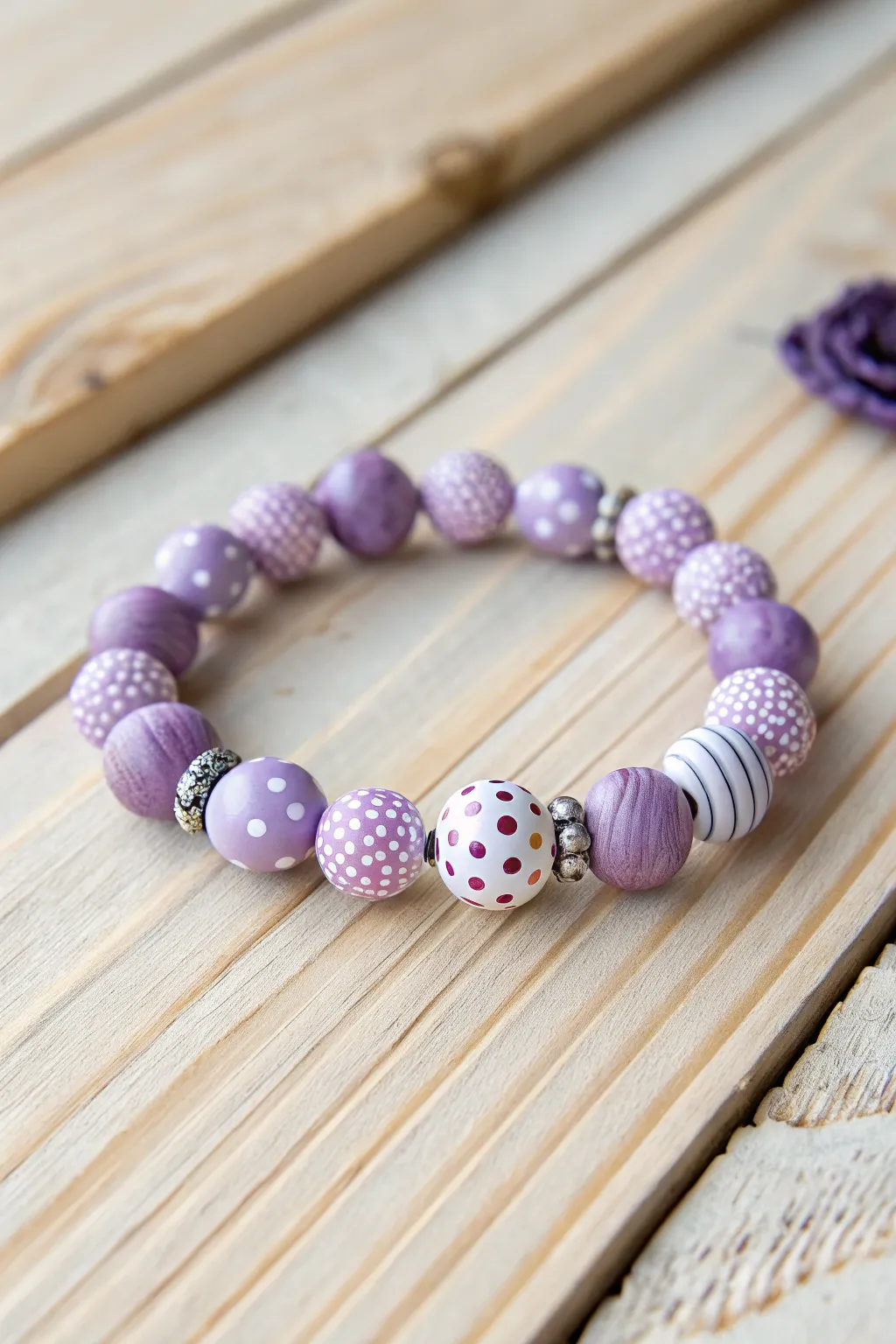 Embrace playful patterns with this handcrafted purple clay bead bracelet, where simplicity meets artistic flair.