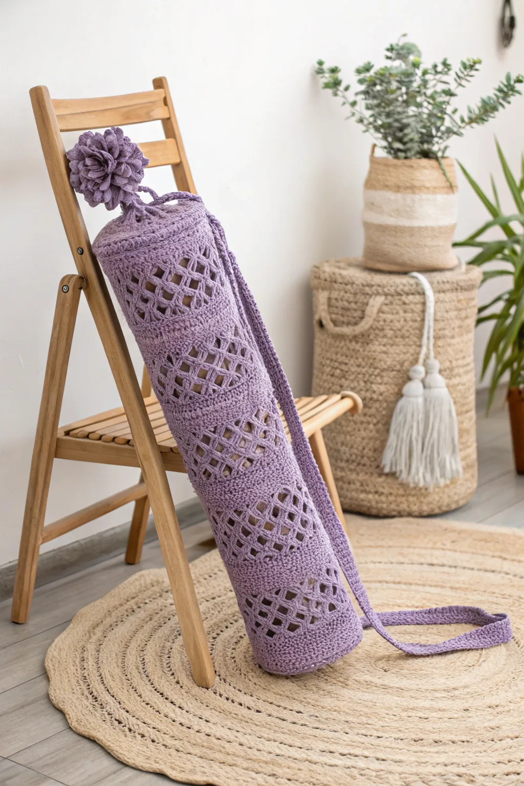 Embrace your practice with elegance – this violet crochet yoga mat bag adds a chic touch to your studio journey.