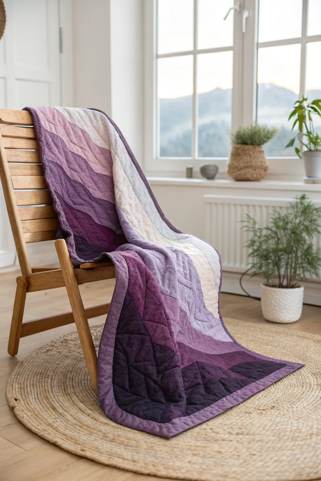 Bring the serene beauty of nature indoors with this stunning purple layered landscape quilt.