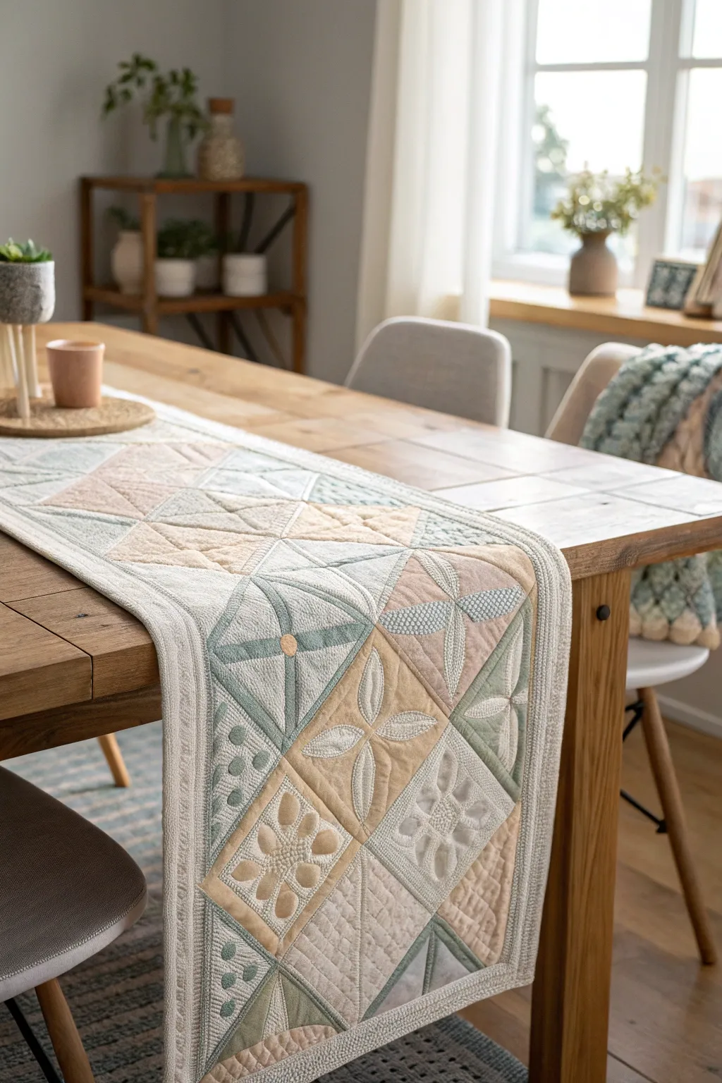 Elevate your dining space with the delicate charm of a quilted table runner, where craftsmanship meets minimalist elegance.
