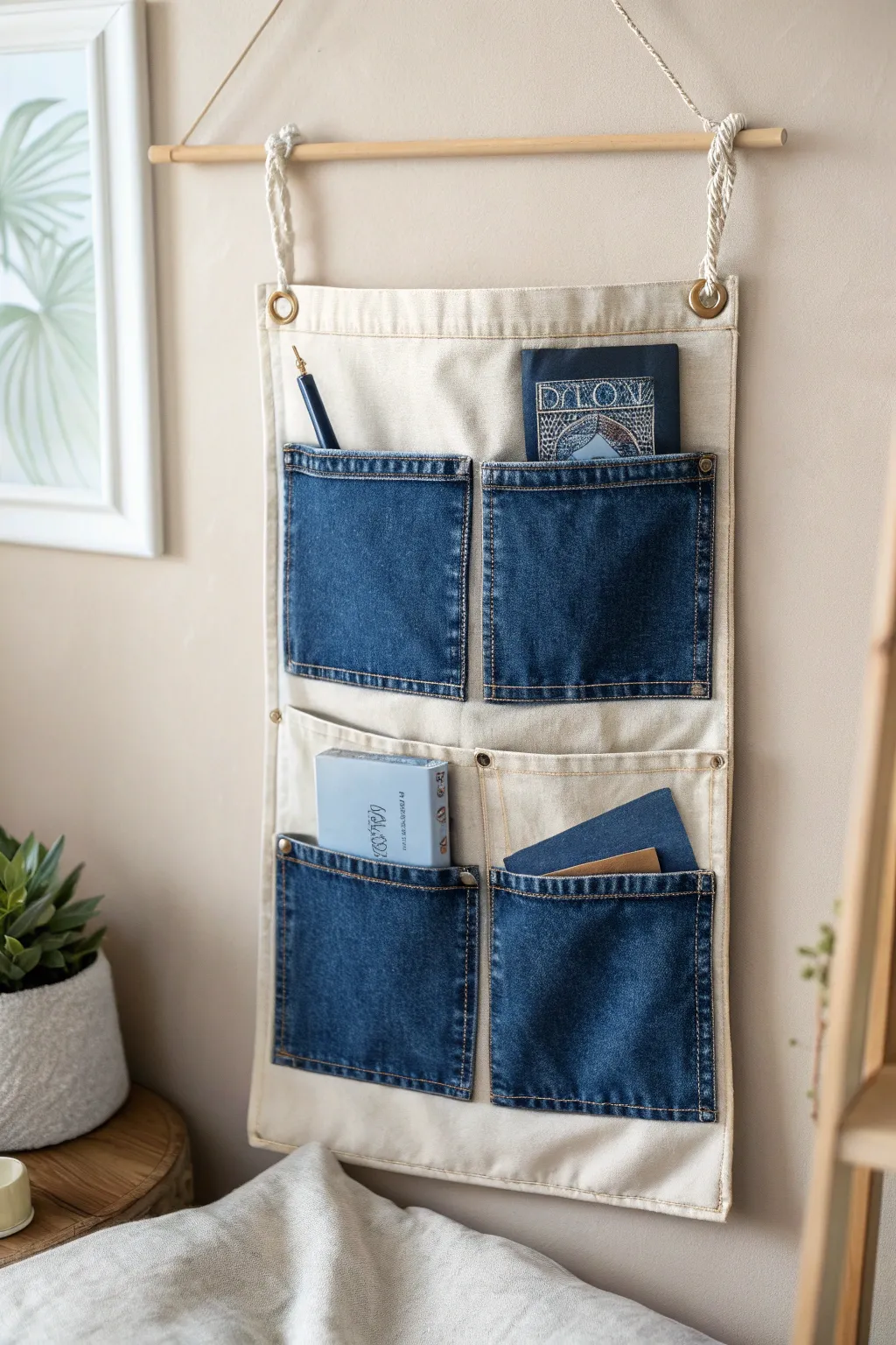 Transform your space with sustainable style: a chic denim pocket organizer for effortless organization.