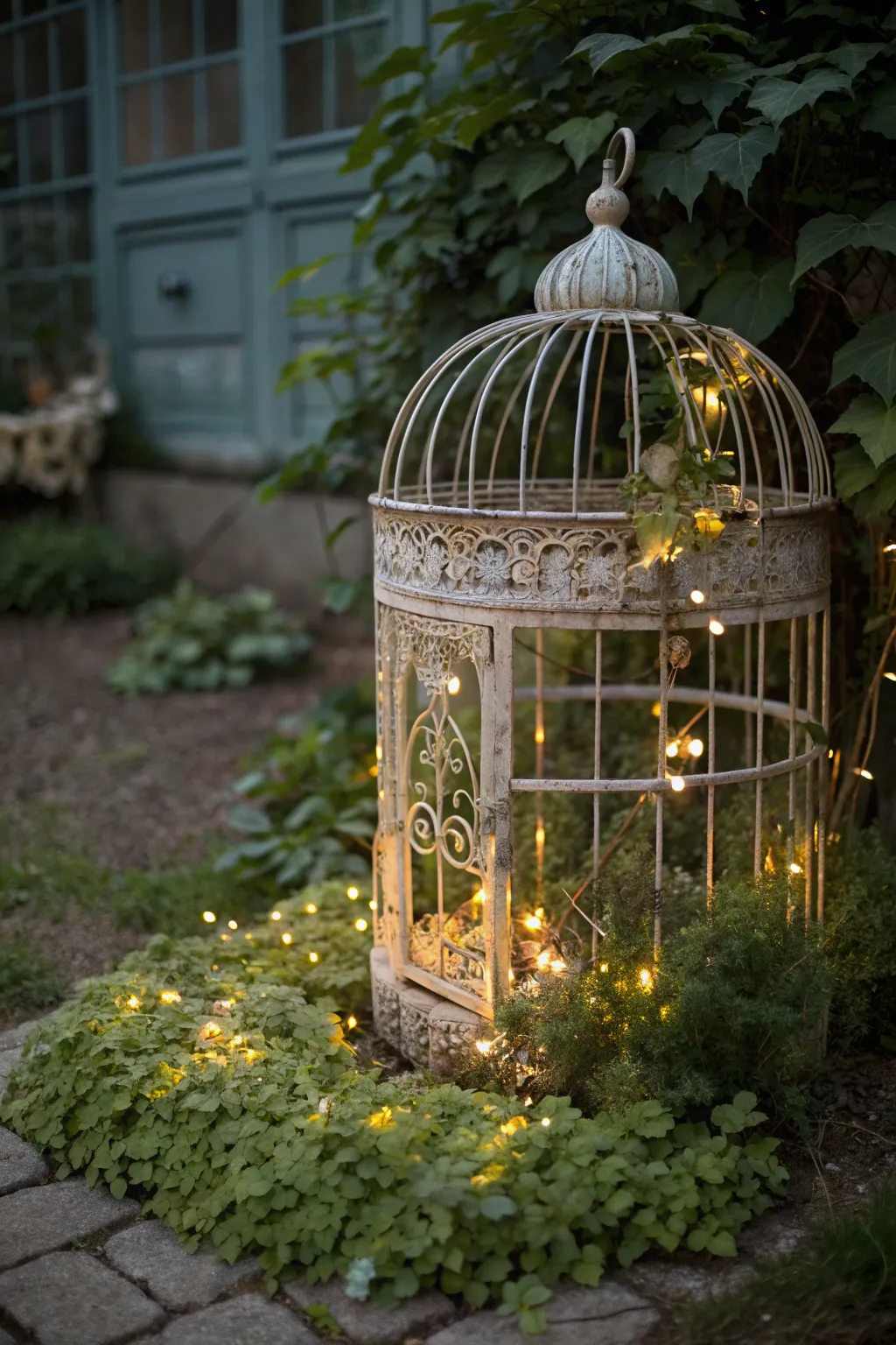 Transform your garden with timeless elegance: a vintage birdcage display that enchants day and night.
