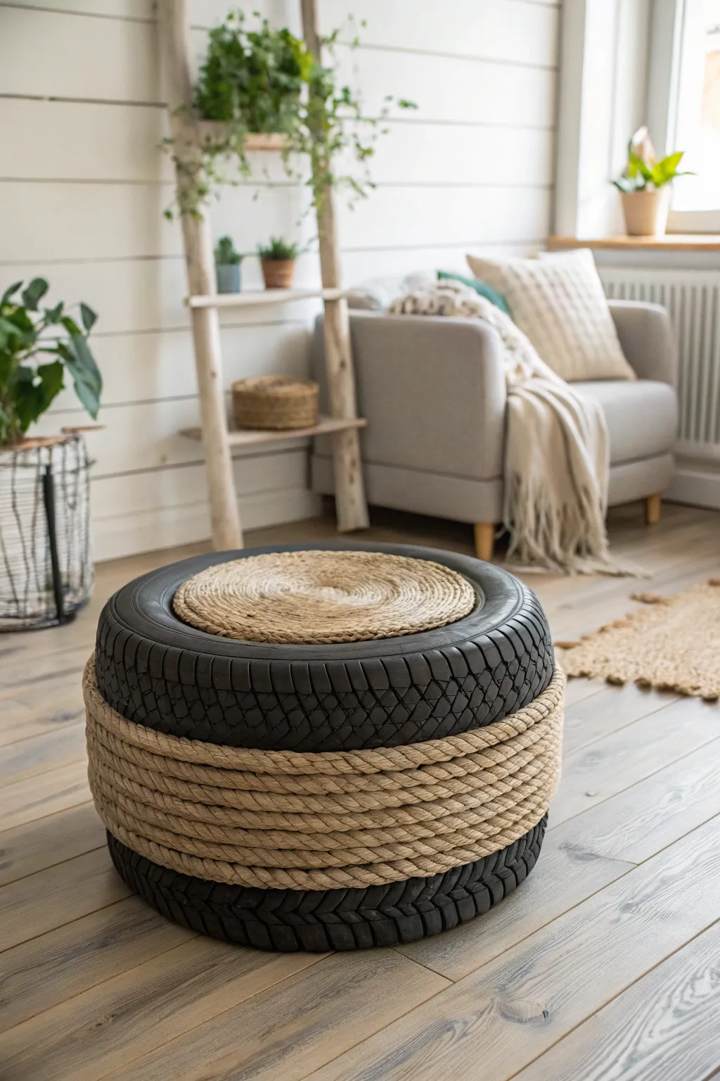 Transform sustainability into style with this chic tire ottoman, blending minimalist design with Boho warmth.