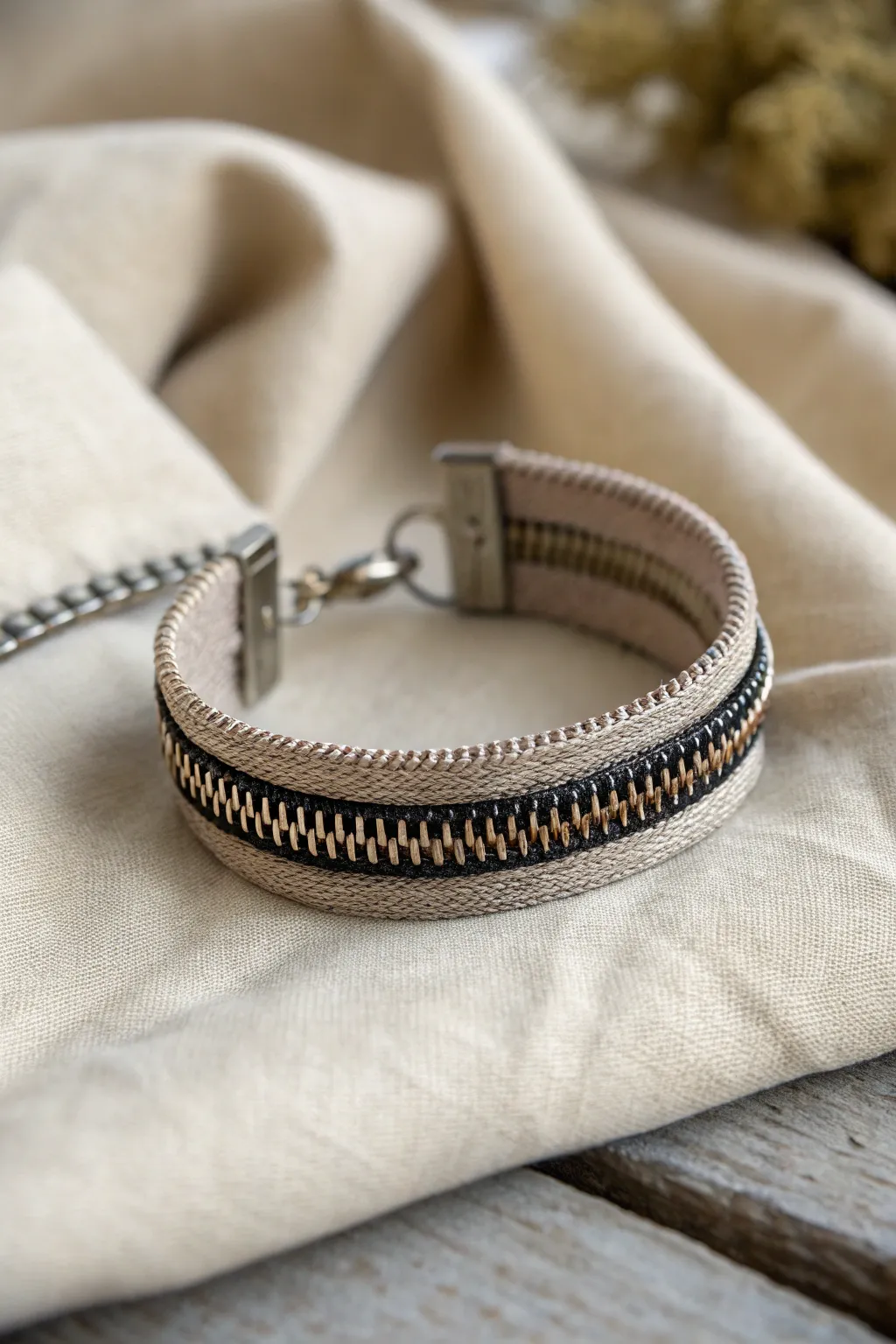 Embrace industrial chic with a minimalist zipper bracelet - a perfect blend of edgy style and sustainable elegance.