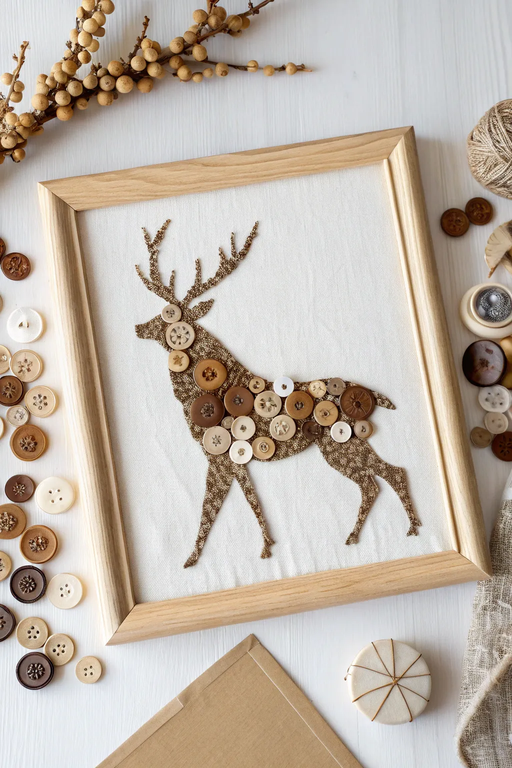 Embrace the art of simplicity with this charming Reindeer Button Art, a perfect blend of Scandinavian minimalism and boho flair.