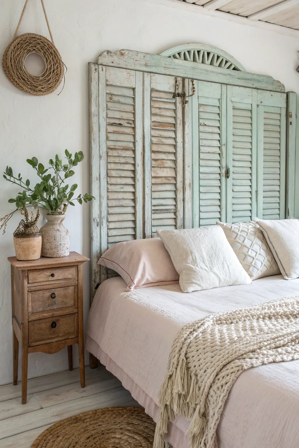 Transform your space with a unique headboard crafted from old shutters, blending vintage charm with minimalist elegance.