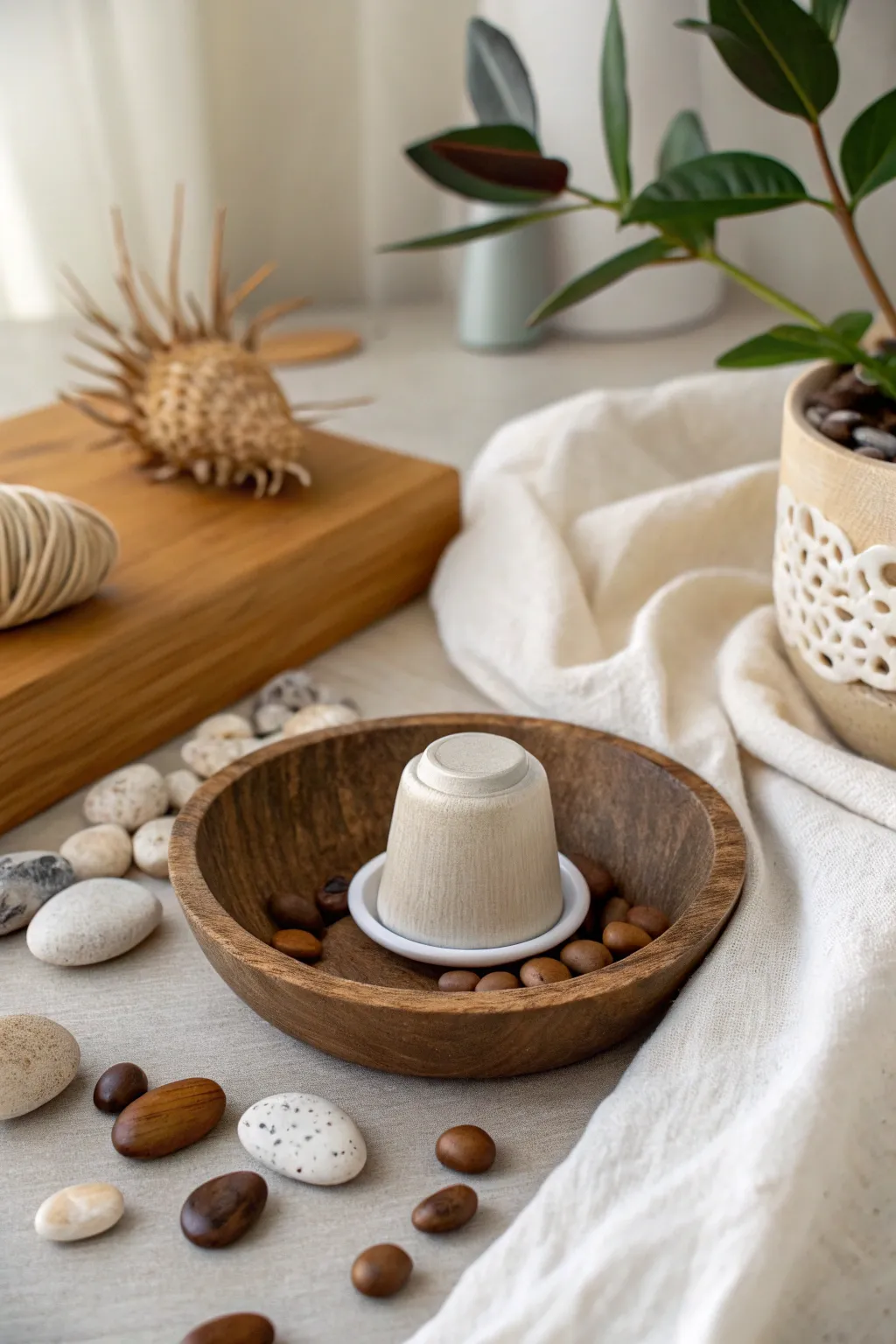 Transform your coffee pods into a chic pebble pong masterpiece. Embrace simple elegance with a playful twist!