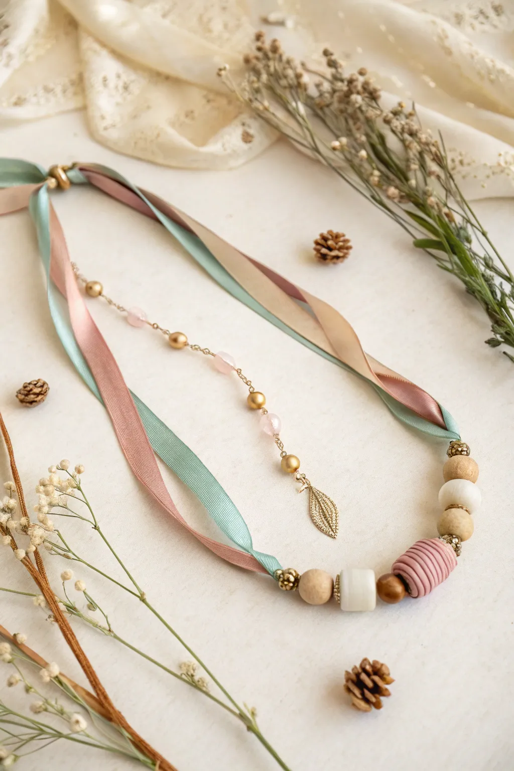 Embrace the seasons with a touch of elegance — a ribbon necklace that transforms with nature's palette.