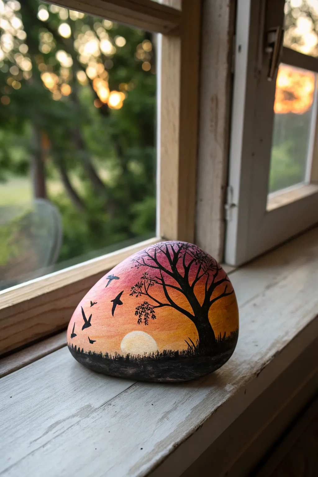 Capture the essence of nature with sunset silhouette rock art, perfect for a serene windowsill display.