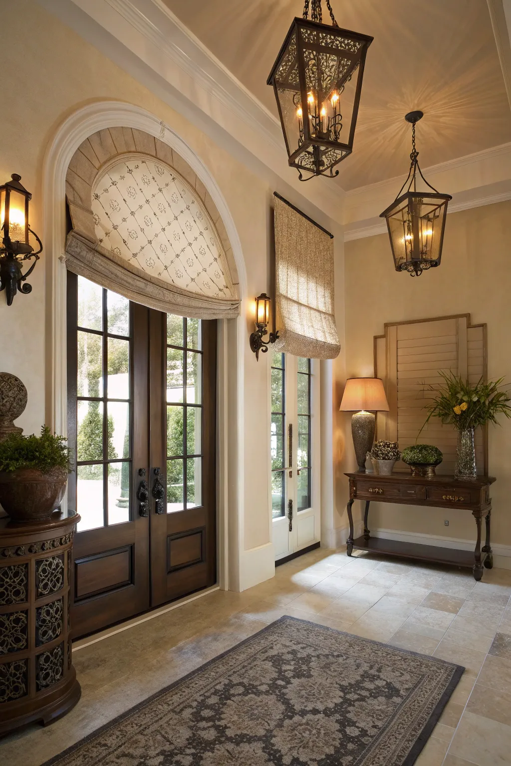 Roman shades create an elegant entryway welcome.