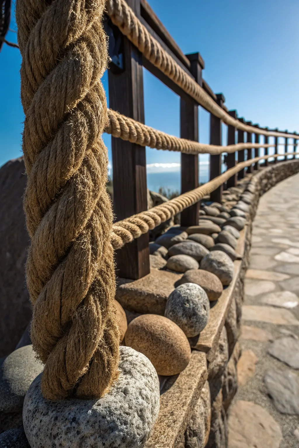 Elevate your deck with the perfect blend of rope and stone for a naturally captivating appeal.