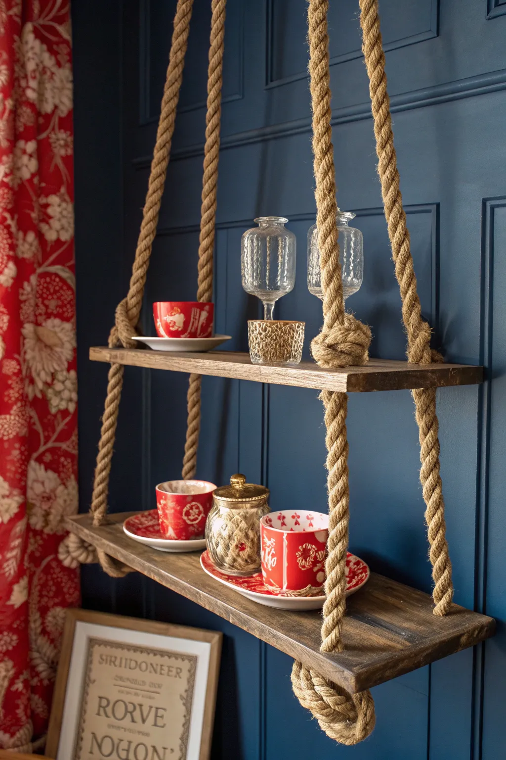Elevate your dining room with artisanal rope shelves that beautifully display your finest china.