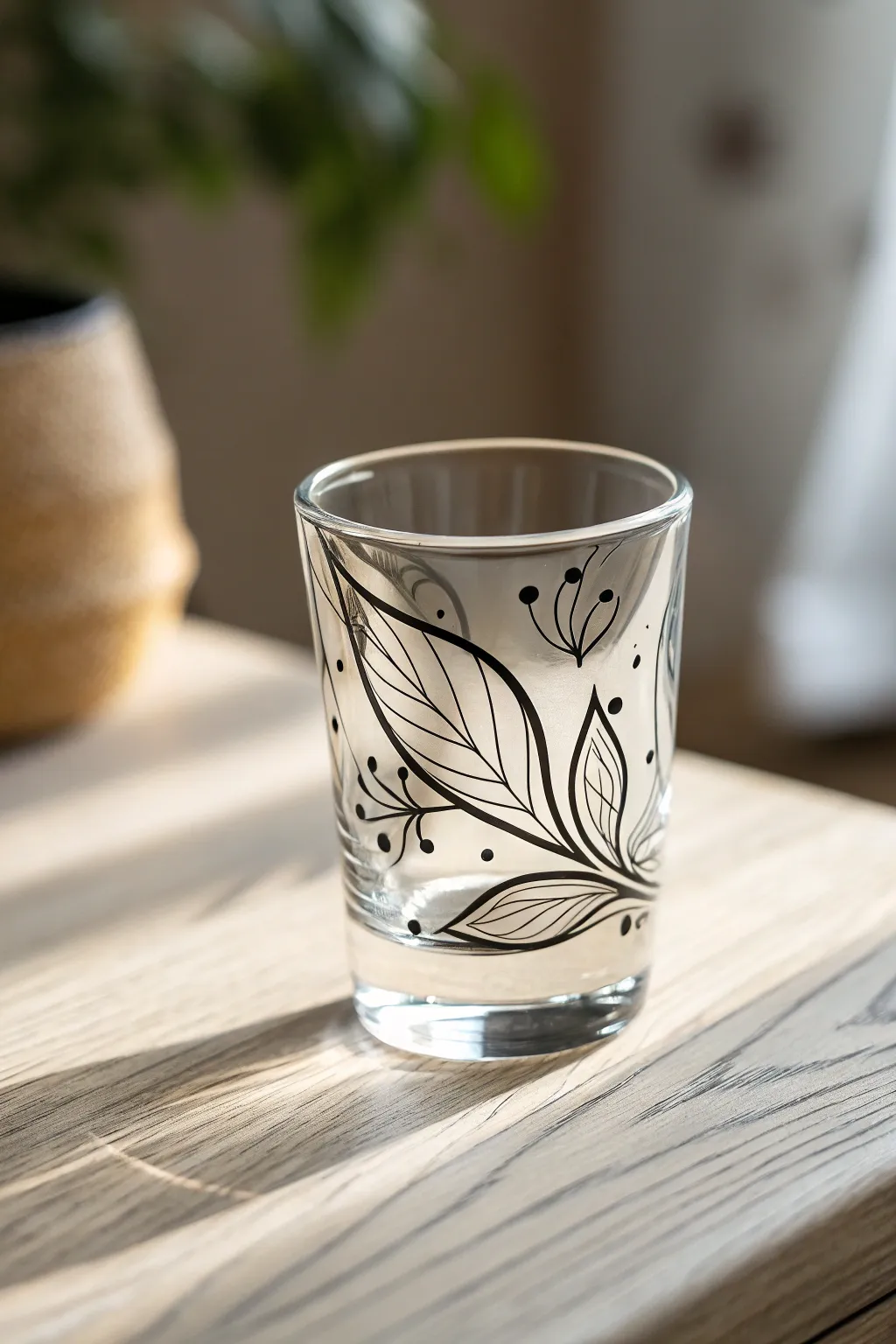 Embrace the beauty of simplicity with minimalist line art on a shot glass, perfect for a touch of elegance.