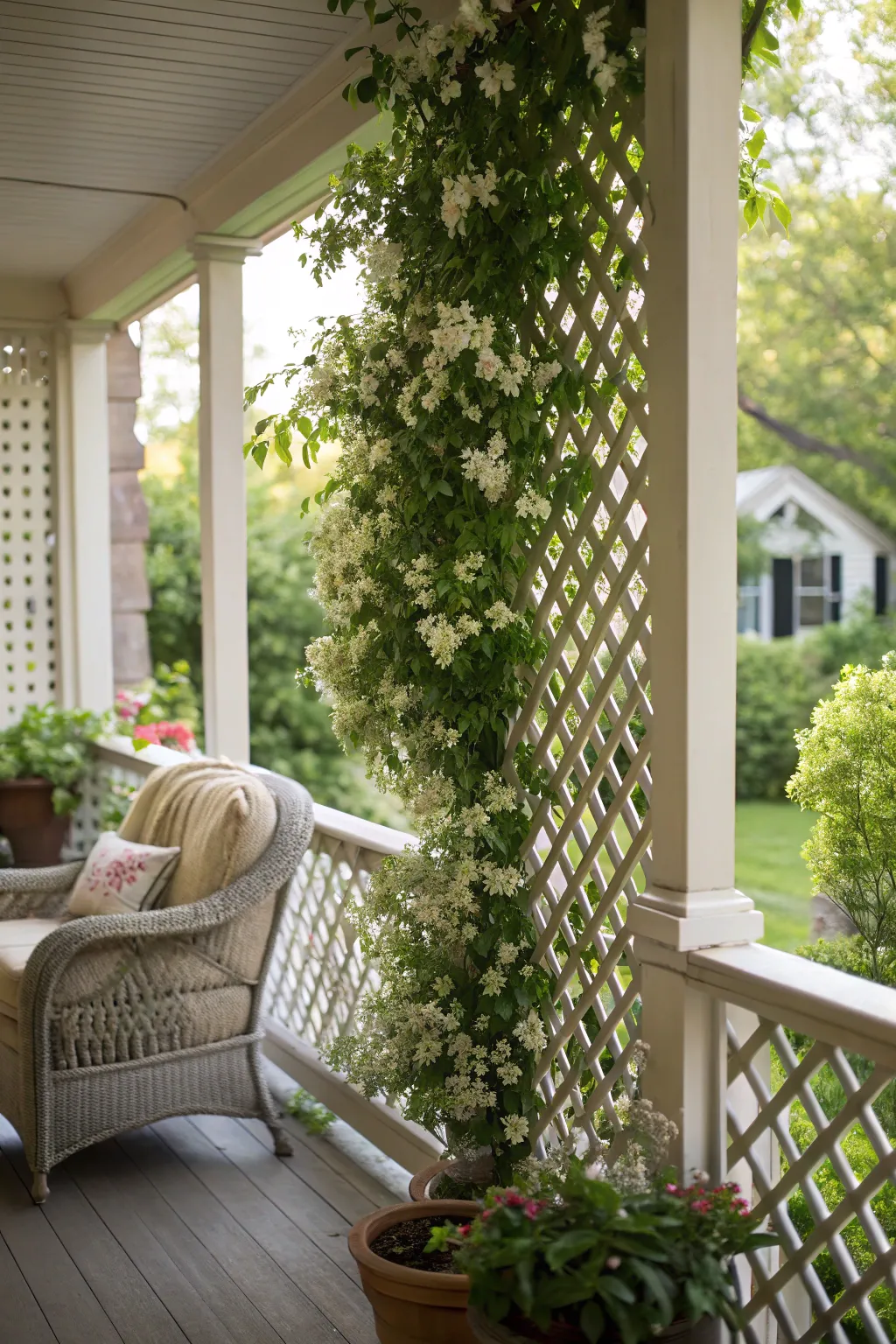A privacy screen creates a secluded porch area.