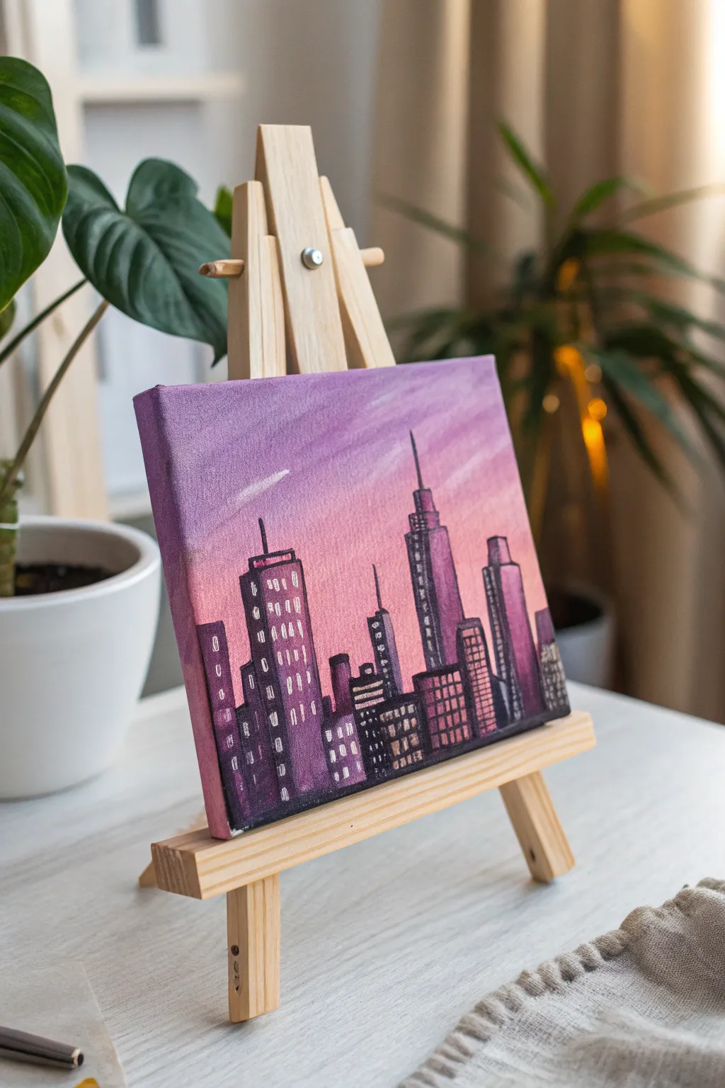 Dreamy cityscapes reimagined in shades of purple and pink—explore urban life from a new perspective.