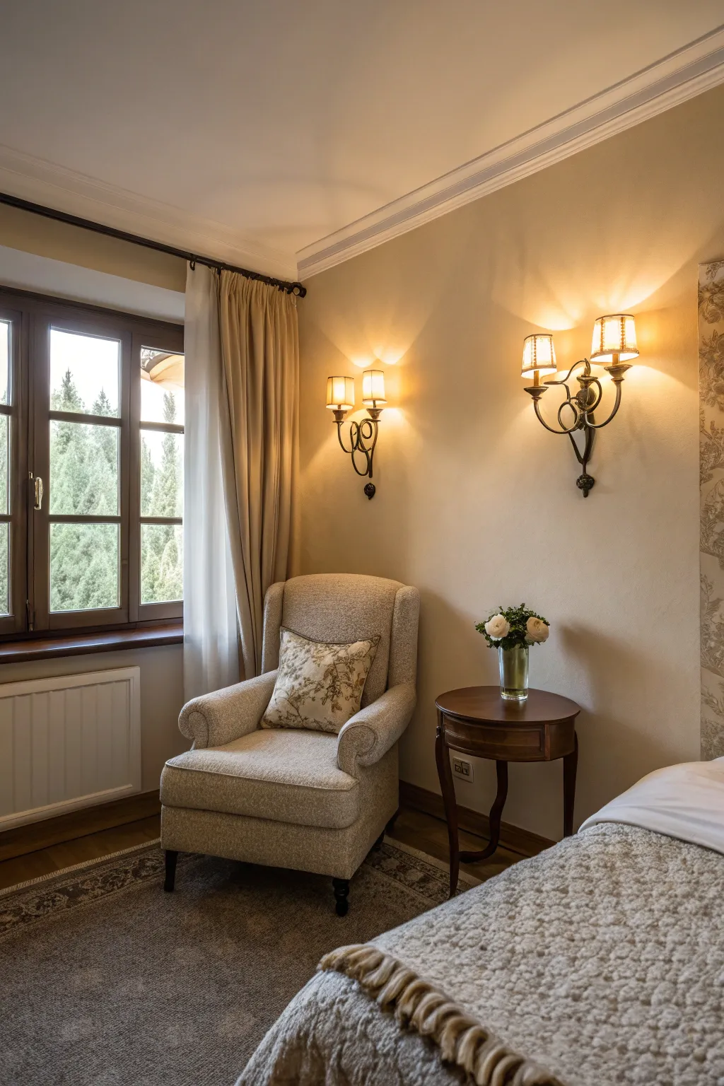 Wall sconces add stylish lighting without taking up floor space.