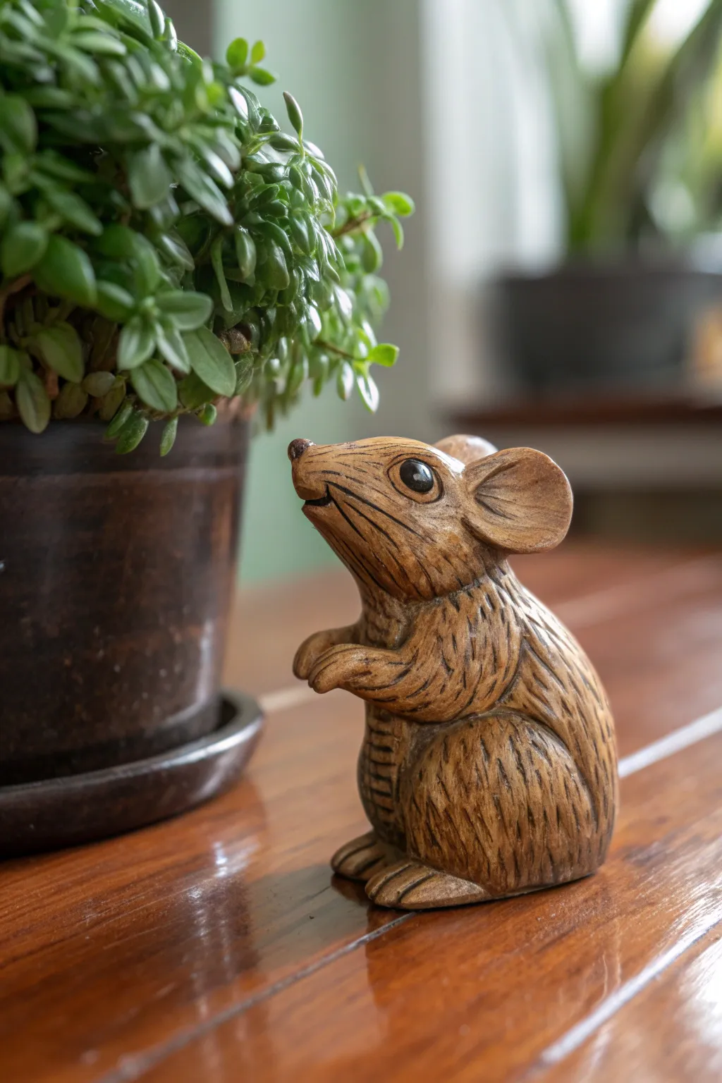 Discover the charm of craftsmanship with this whimsical tiny mouse carving.