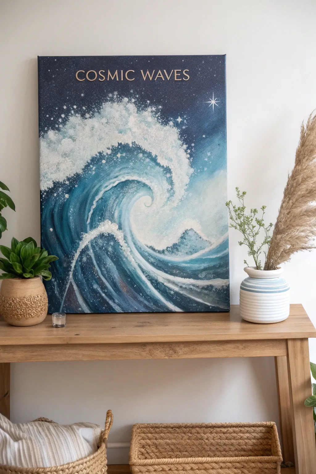 Immerse yourself in the tranquil dance of 'Cosmic Waves', where the universe flows in serene blues and whites.